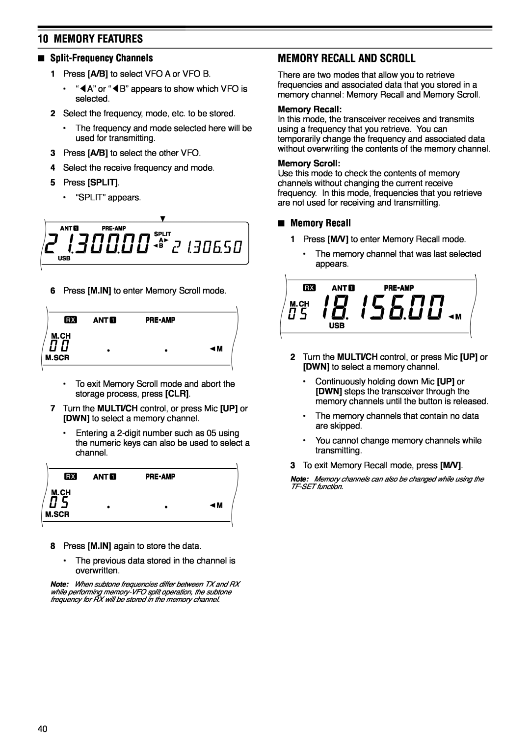 Kenwood TS-570D instruction manual Memory Features, Split-FrequencyChannels, Memory Recall 