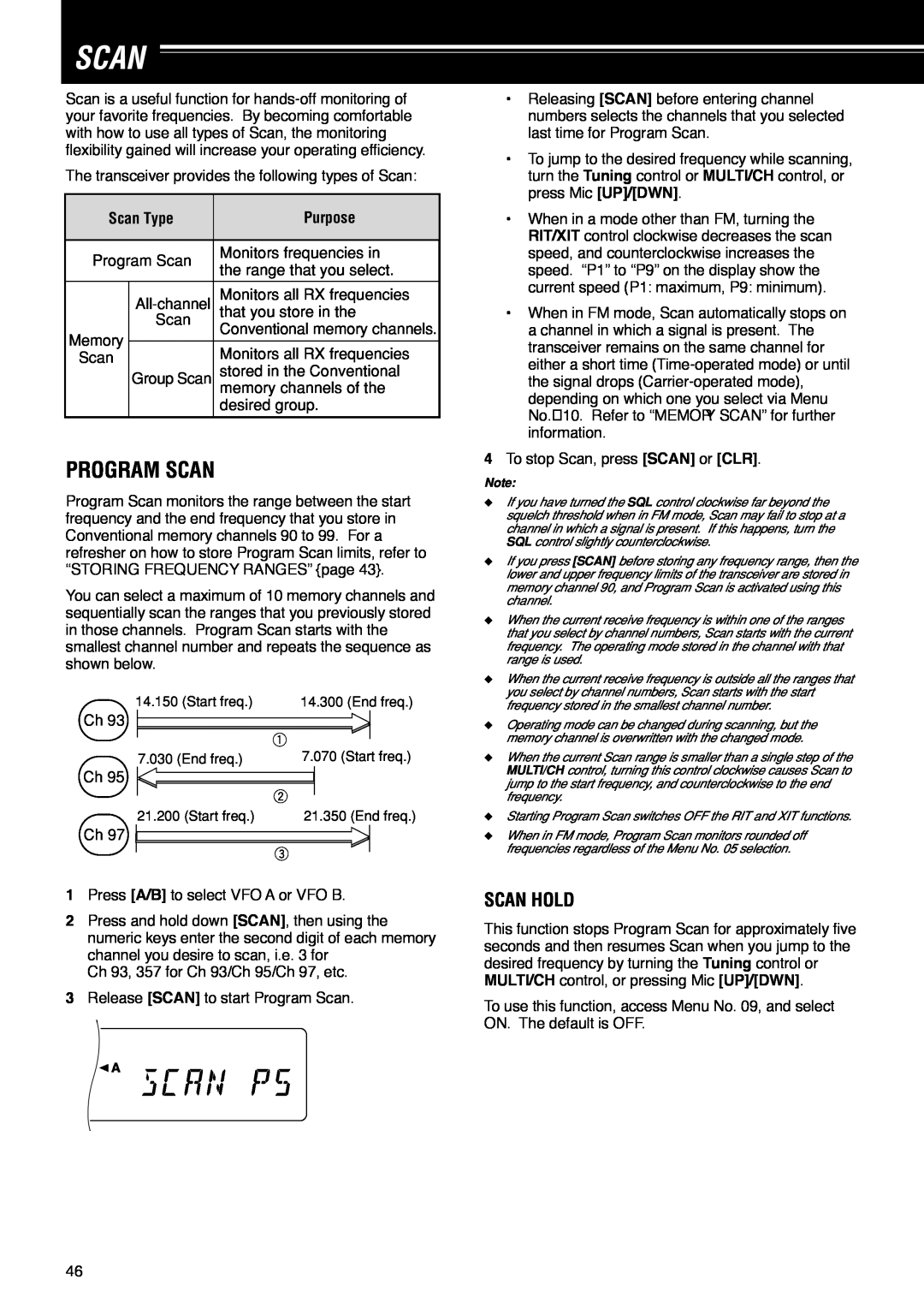 Kenwood TS-570D instruction manual Program Scan, Scan Hold 