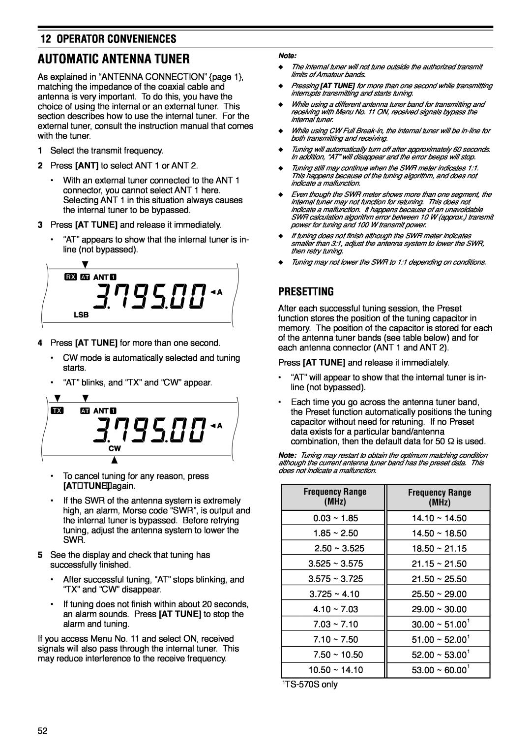 Kenwood TS-570D instruction manual Automatic Antenna Tuner, Presetting, Operator Conveniences 