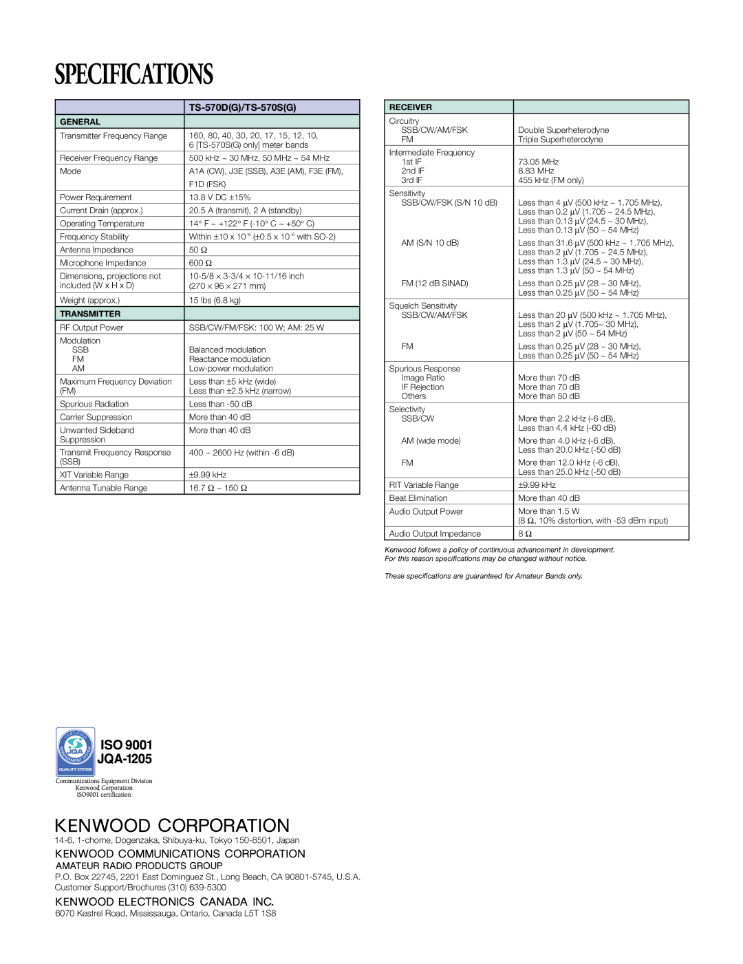 Kenwood TS-570D(G) manual Specifications, TS-570DG/TS-570SG 