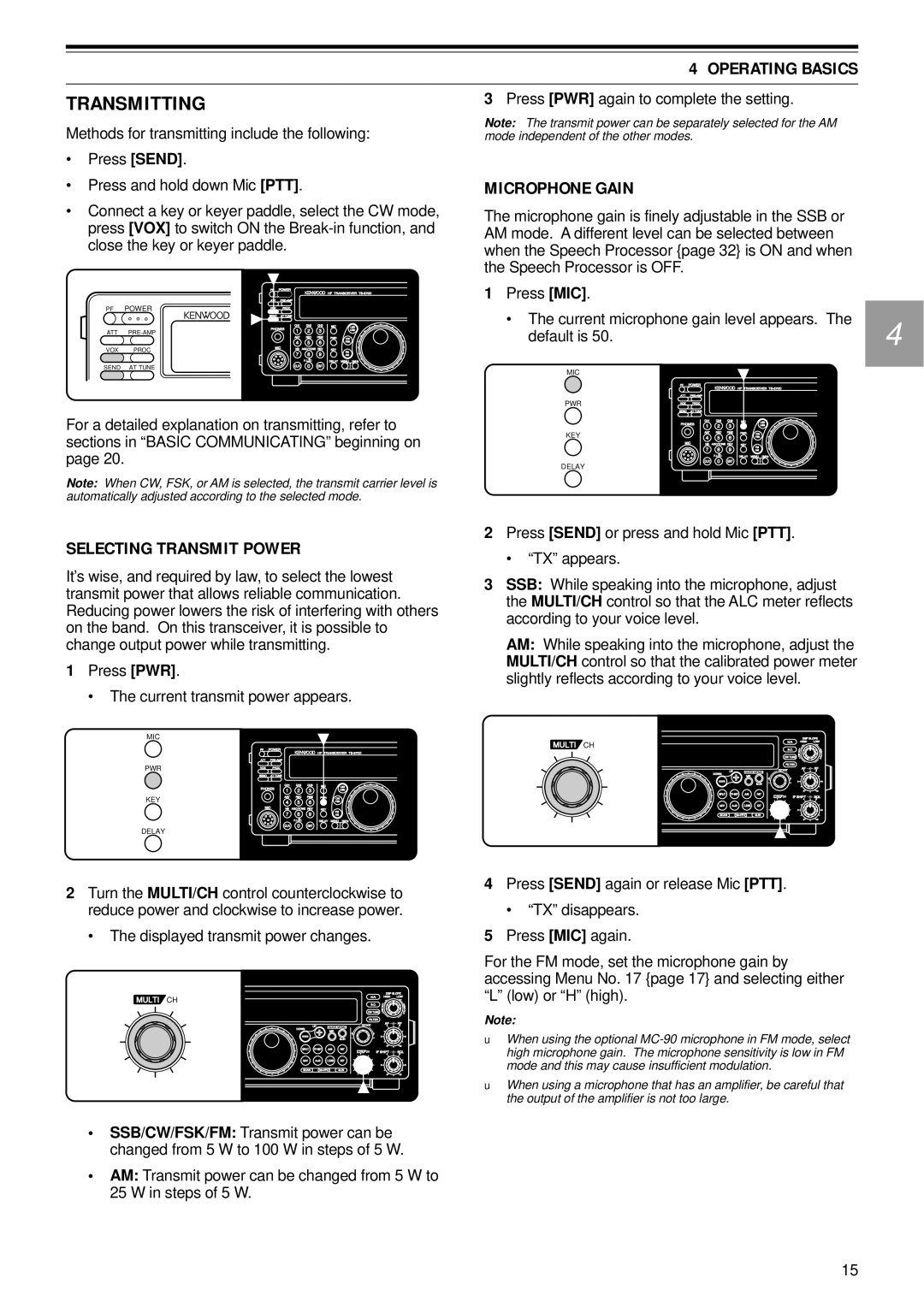 Kenwood TS-570D, TS-570S Transmitting, Microphone Gain, Selecting Transmit Power, Press PWR again to complete the setting 