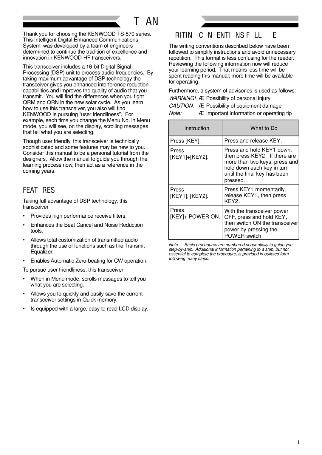 Kenwood TS-570D, TS-570S, TS-570S, TS-570D instruction manual Features, Writing Conventions Followed, KEY2, KEY+ Power on 