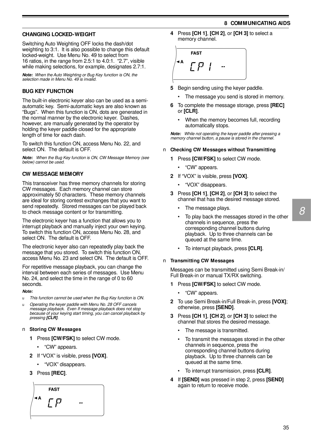 Kenwood TS-570D, TS-570S, TS-570S, TS-570D instruction manual Changing LOCKED-WEIGHT, BUG KEY Function, CW Message Memory 