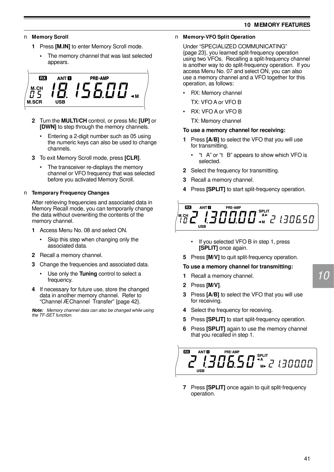 Kenwood TS-570D, TS-570S, TS-570S, TS-570D Memory Scroll, Temporary Frequency Changes, Memory-VFO Split Operation 