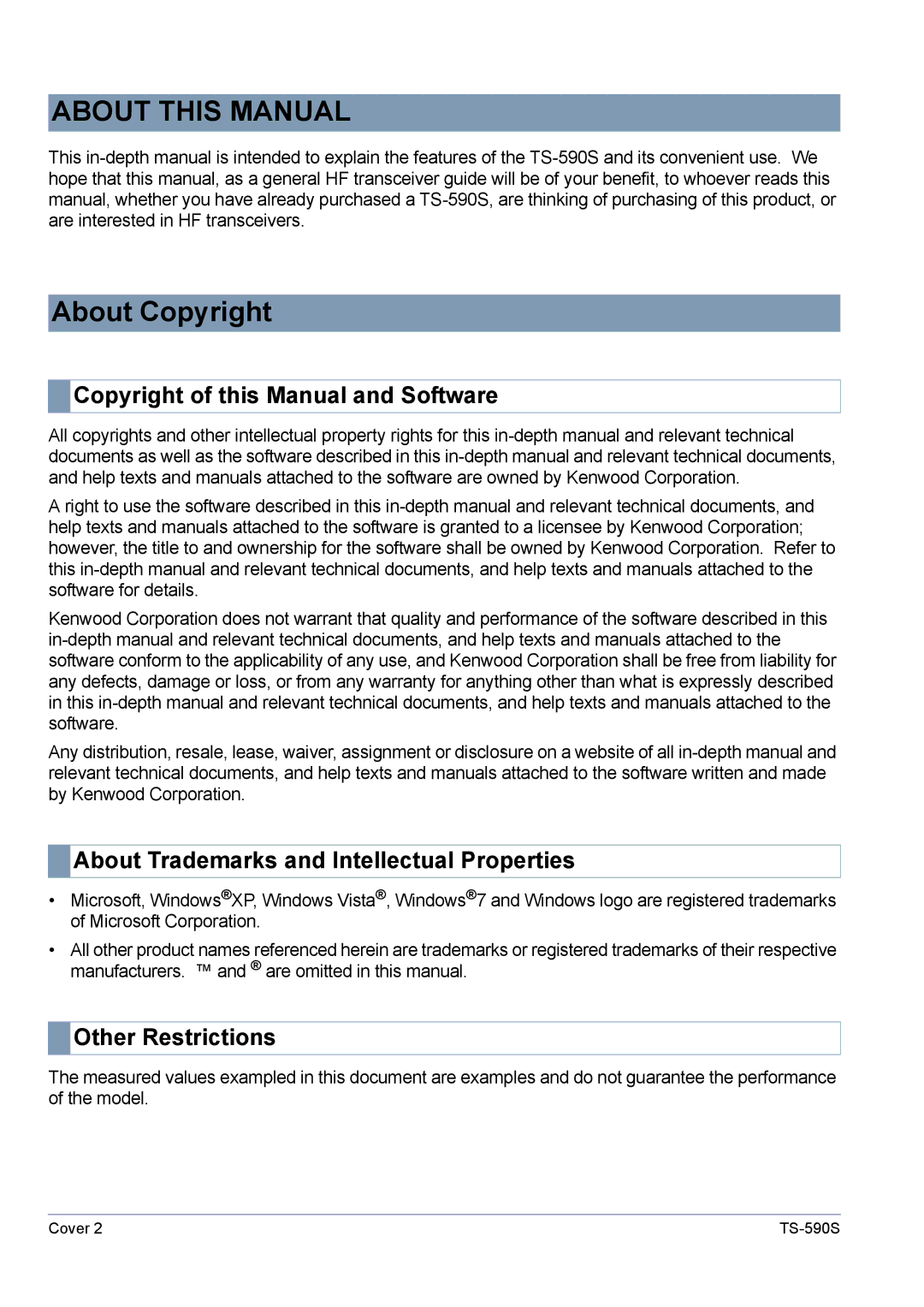 Kenwood TS-590S manual About Copyright, Copyright of this Manual and Software, About Trademarks and Intellectual Properties 