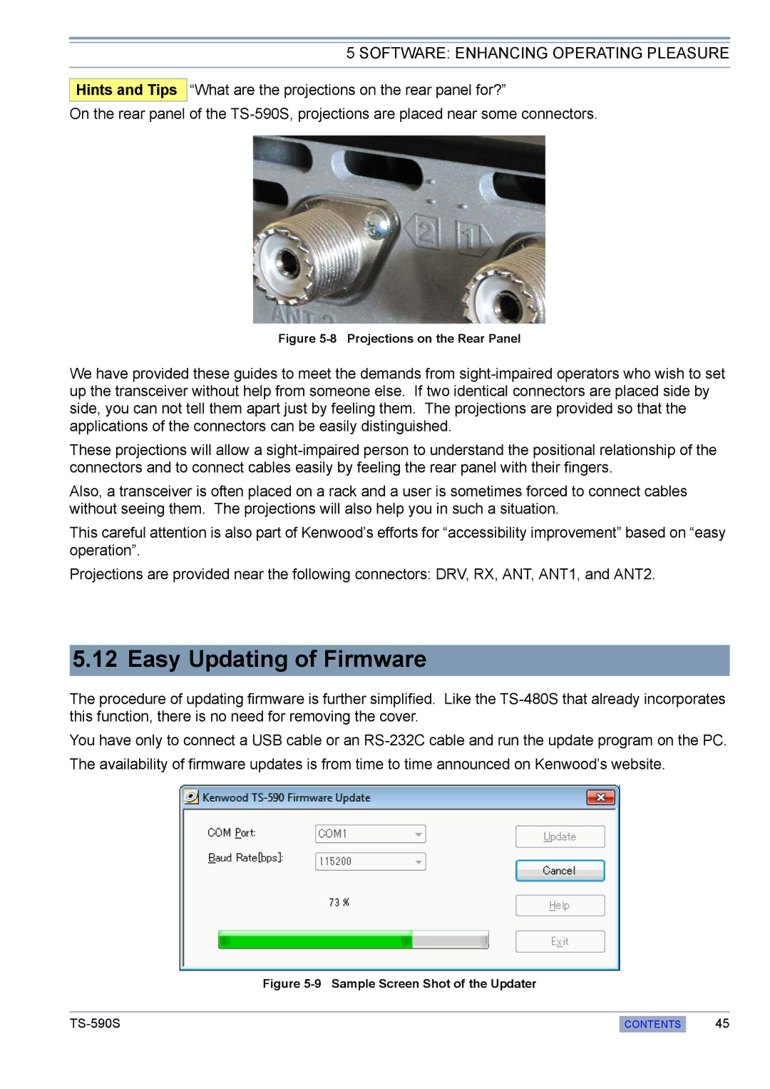 Kenwood TS-590S manual Easy Updating of Firmware, Projections on the Rear Panel 