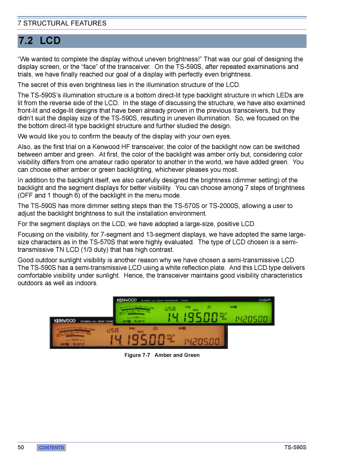 Kenwood TS-590S manual Lcd, Amber and Green 