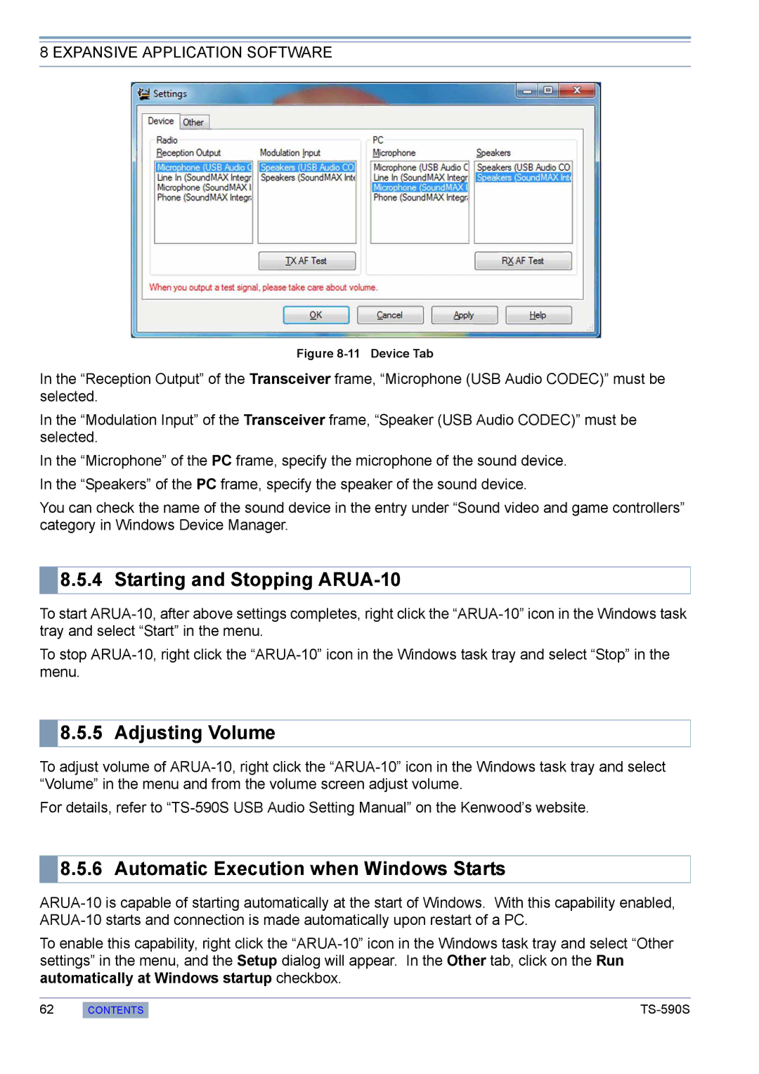 Kenwood TS-590S manual Starting and Stopping ARUA-10, Adjusting Volume, Automatic Execution when Windows Starts 