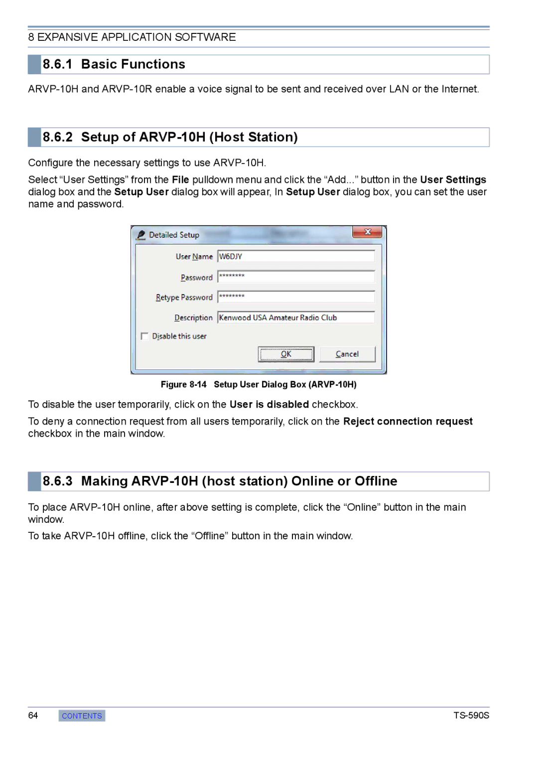 Kenwood TS-590S manual Setup of ARVP-10H Host Station, Making ARVP-10H host station Online or Offline 