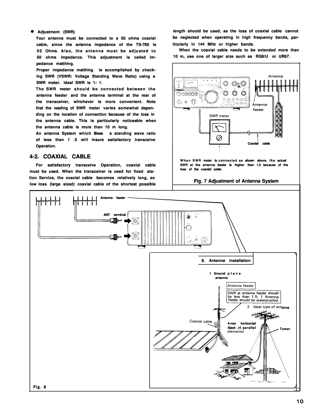 Kenwood TS-780 manual Coaxial Cable, Adjustment of Antenna System 