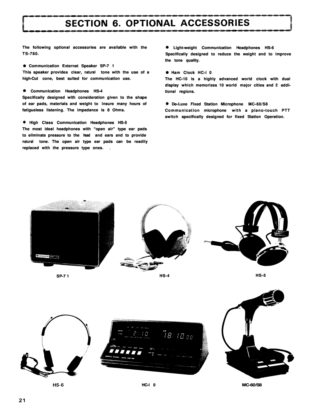 Kenwood TS-780 manual Communication Externat Speaker SP-71, Communication Headphones HS-4, Ham Clock HC-l0, HS-5, MC-60/S8 