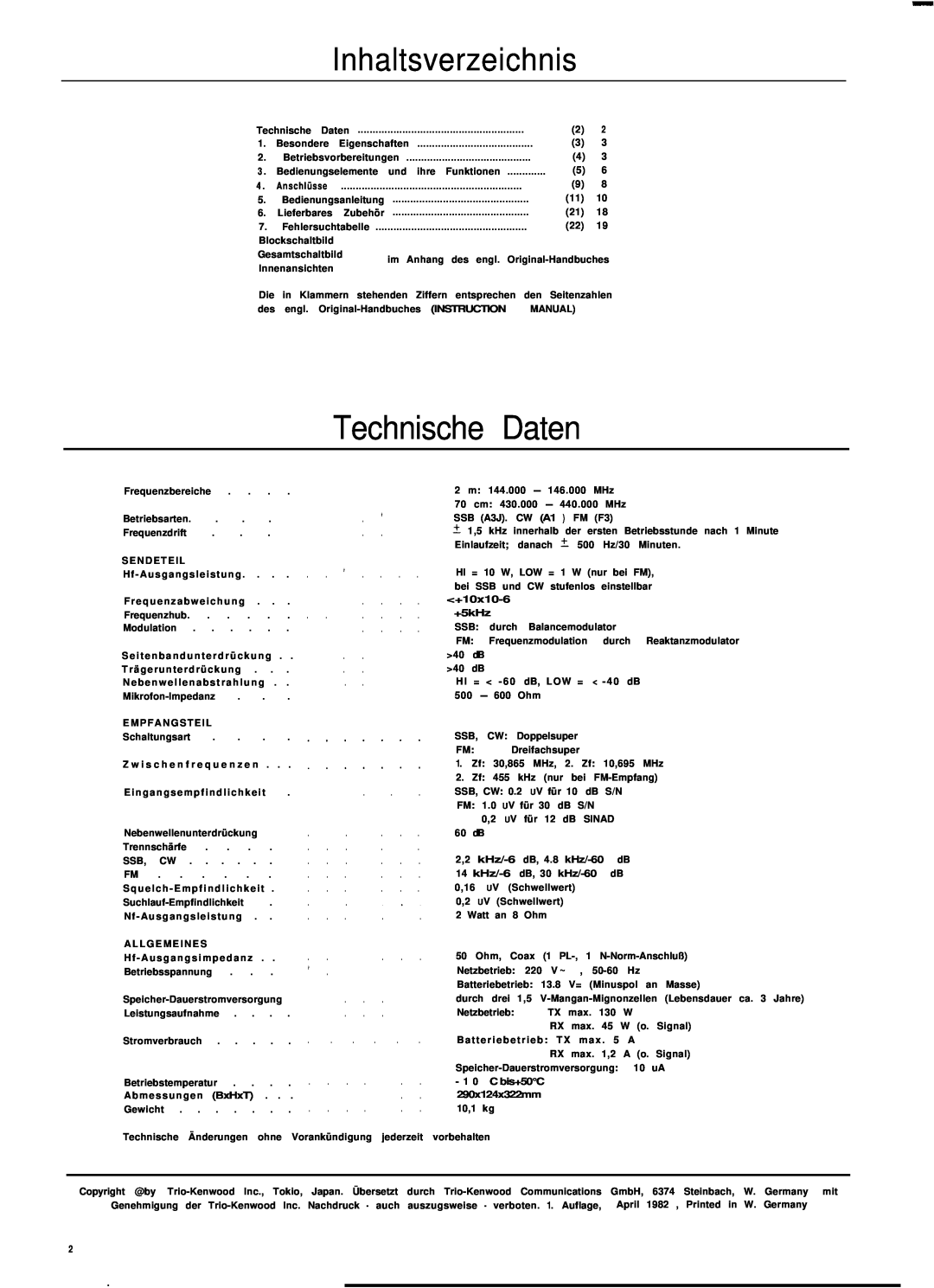 Kenwood TS-780 manual Technische Daten, Inhaltsverzeichnis 
