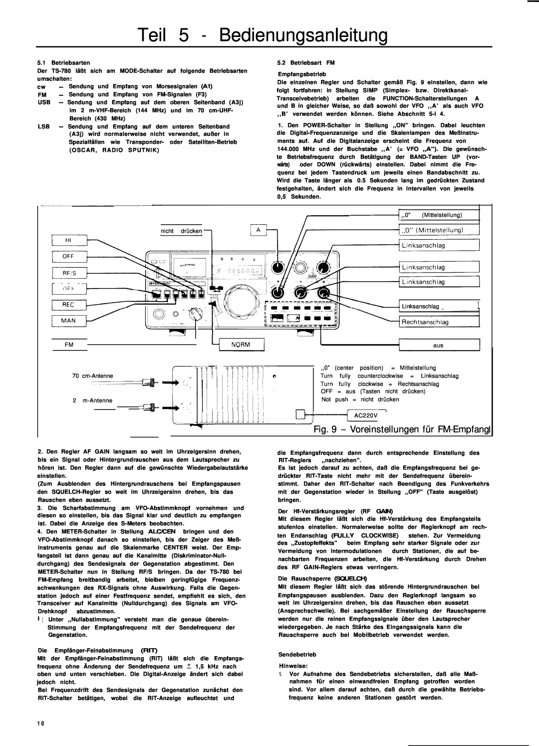 Kenwood TS-780 manual Teil 5 - Bedienungsanleitung, Voreinstellungen für FM-Empfang, lL.Millii 