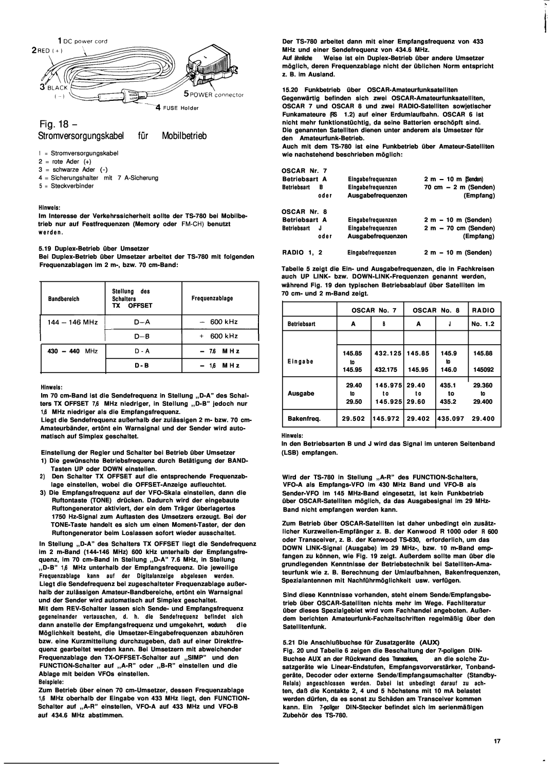 Kenwood TS-780 manual Fig. Stromversorgungskabel für Mobilbetrieb 