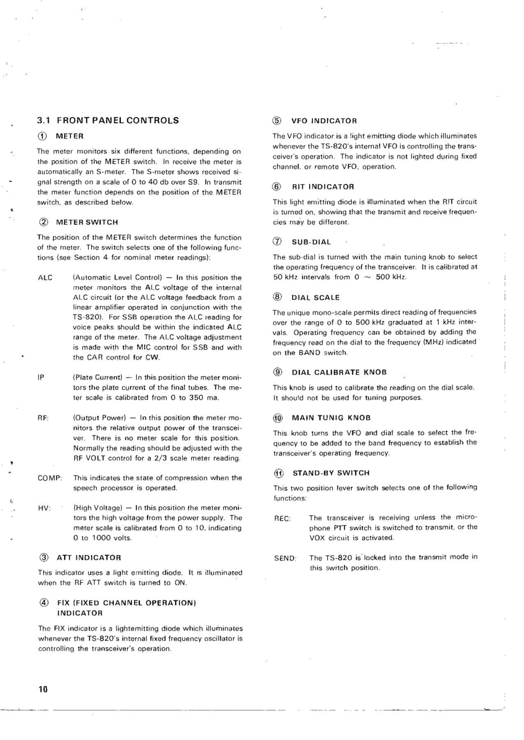 Kenwood TS-820 manual @ Meter Switch, Alc, @ VFO Indicator, Comp, @ Stand by Switch, @ ATT Indicator 