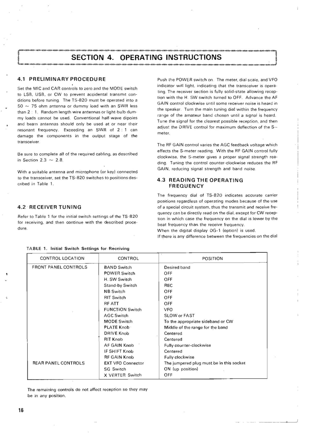 Kenwood TS-820 manual Operating Instructions, Preliminary Procedure, Receiver T U N I N G, Reading the Operating Frequency 