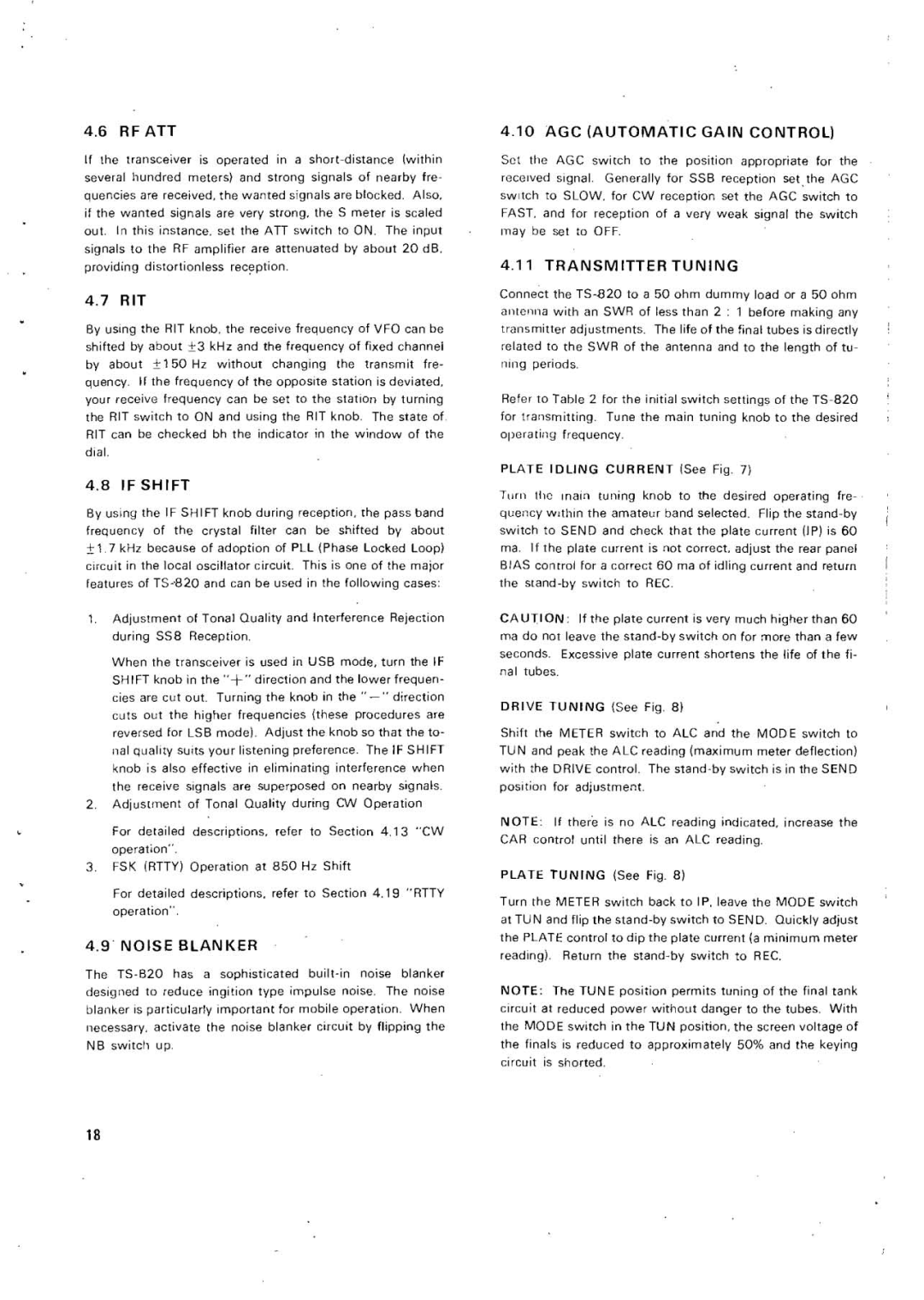 Kenwood TS-820 manual If Shift, 9NOISE Blanker, AGC a U T O M a T I C Gain Control, Transmitter T U N I N G 