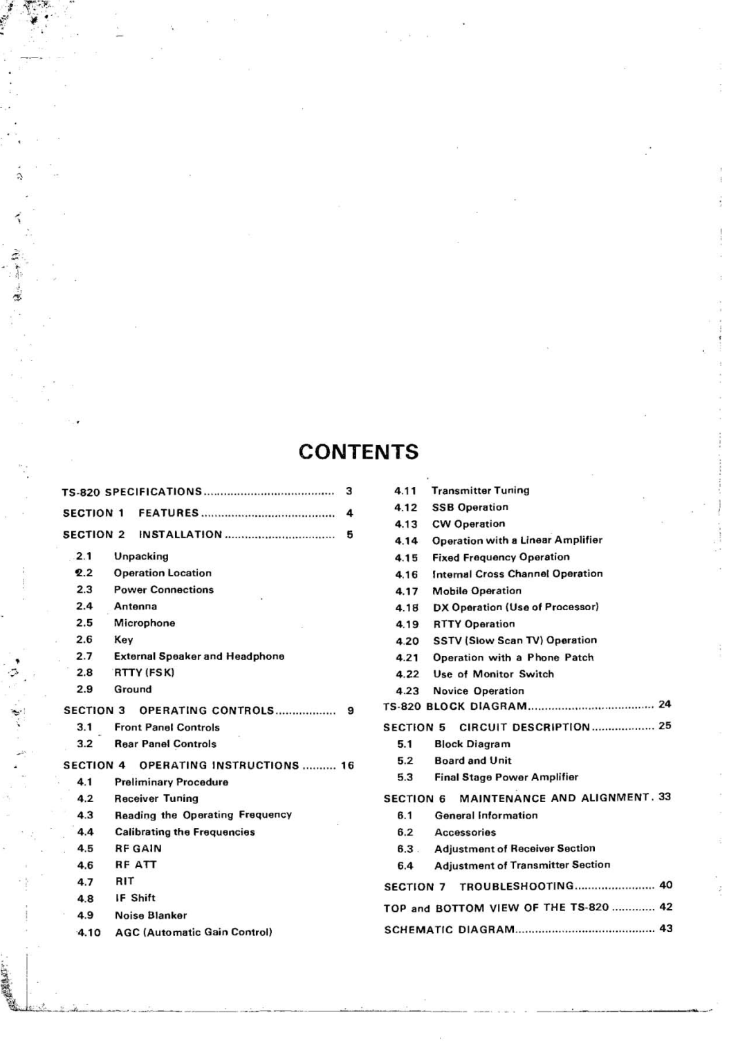 Kenwood TS-820 manual Contents 