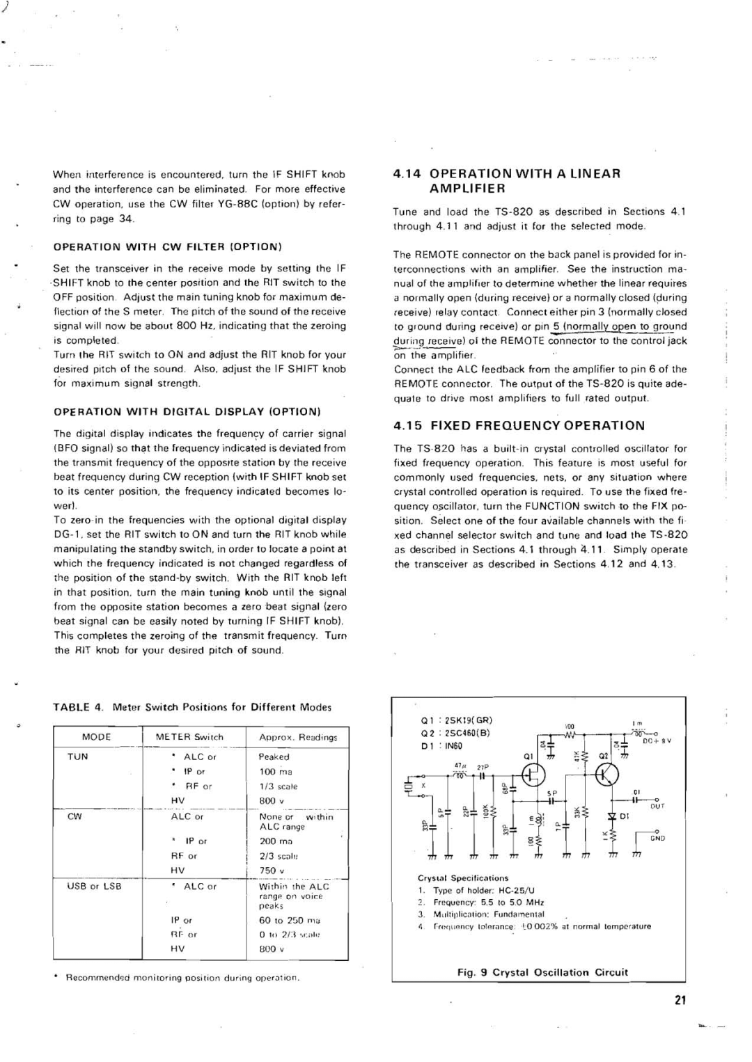 Kenwood TS-820 manual Operation W l T H a Linear Amplifier, Fixed Frequency Operation 