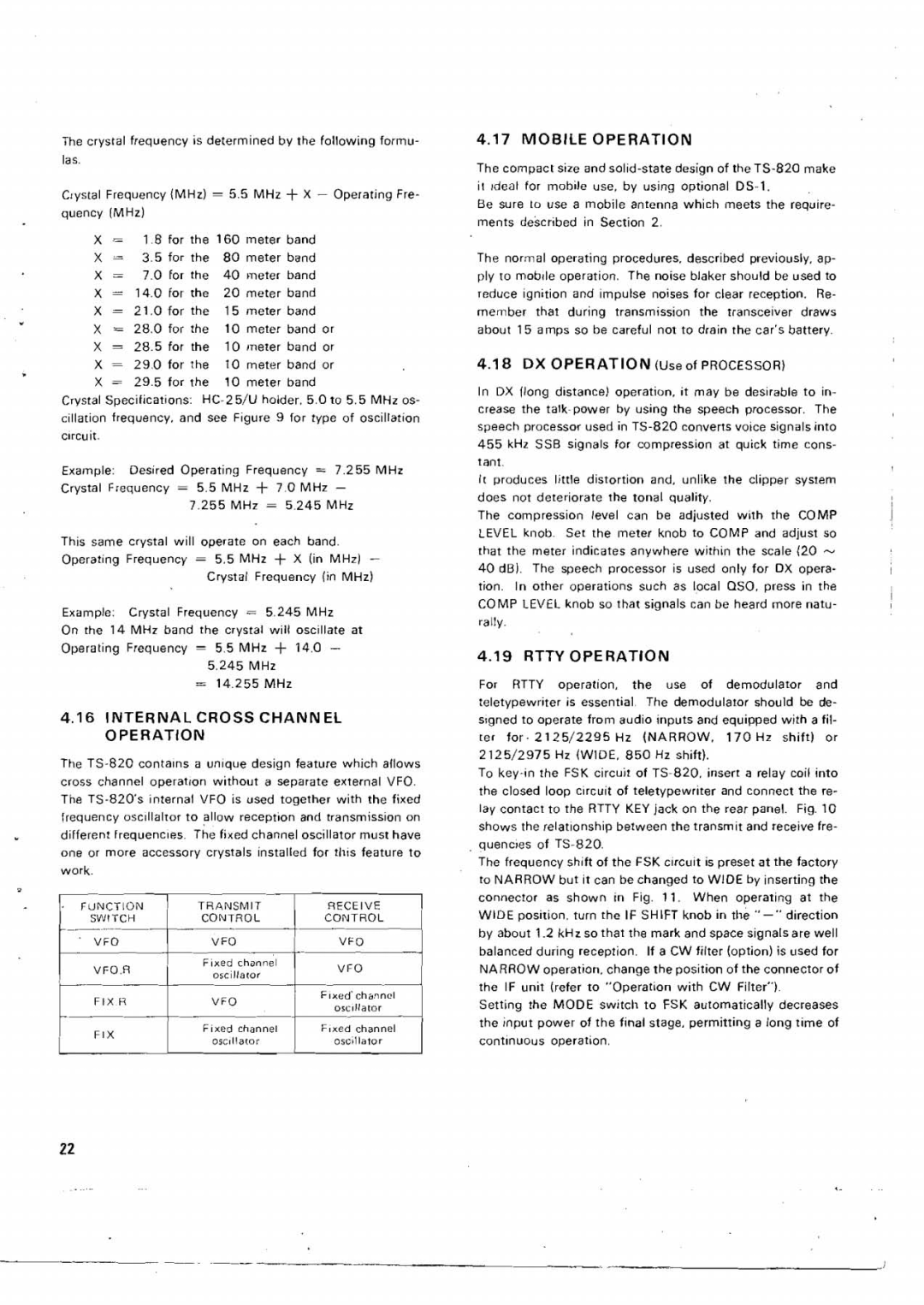 Kenwood TS-820 manual Internal Cross Channel Operation, Mobile Operation, Rtty Operation, Function Transmit 