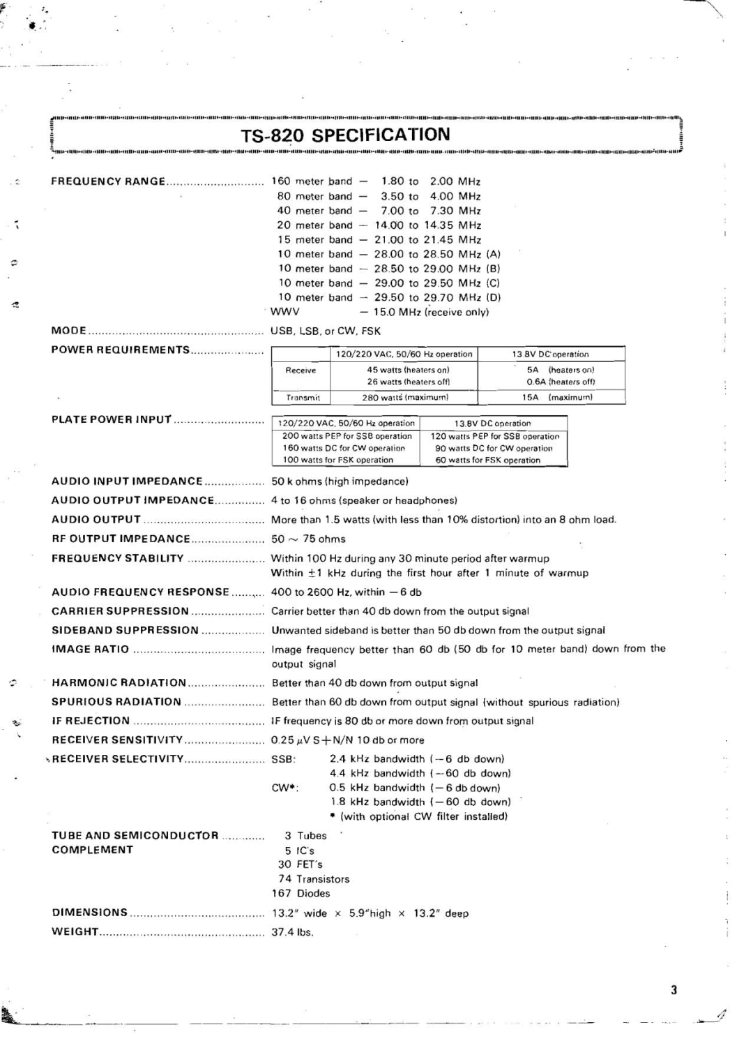 Kenwood TS-820 Wwv, Mode, Audio Input Impedance, Audio Output Impedance, Audio Frequency Response, Sideband Suppression 