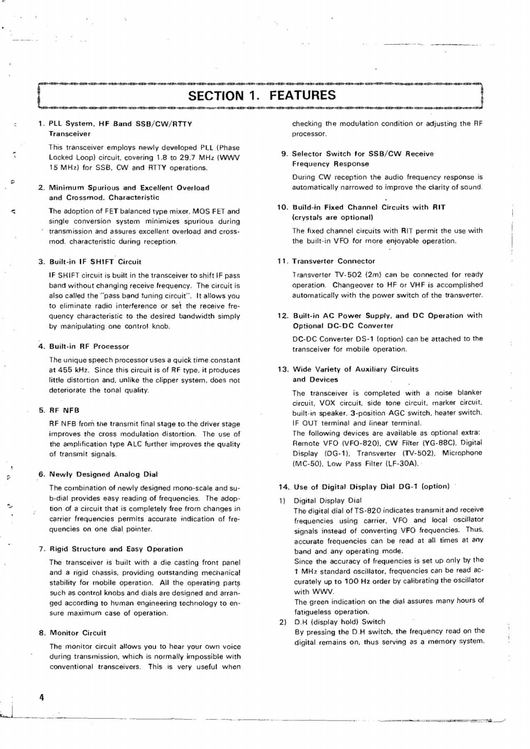 Kenwood TS-820 manual Section, Features 