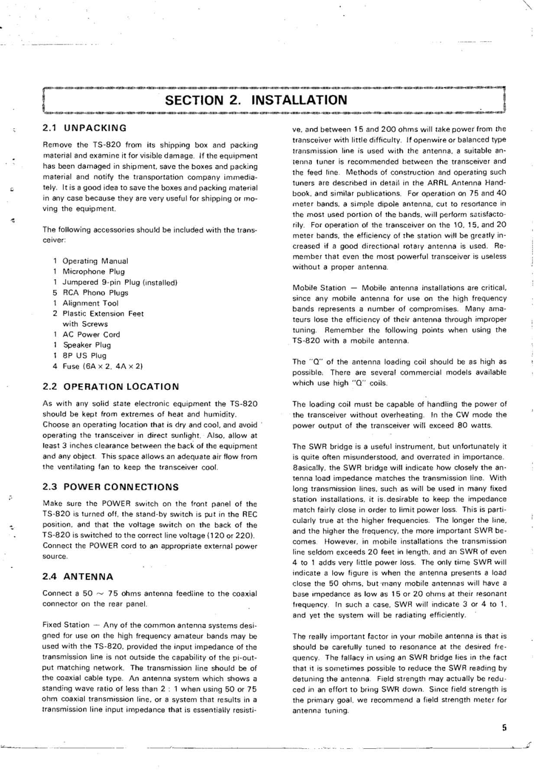 Kenwood TS-820 manual Installation, Unpacking, Operation Location, Power Connections, Antenna 