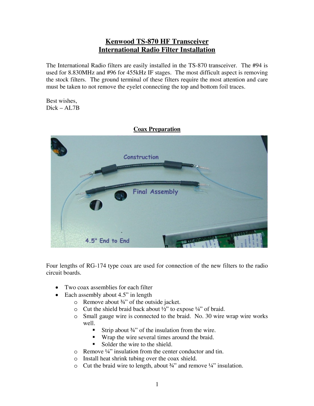 Kenwood TS-870 manual Coax Preparation 