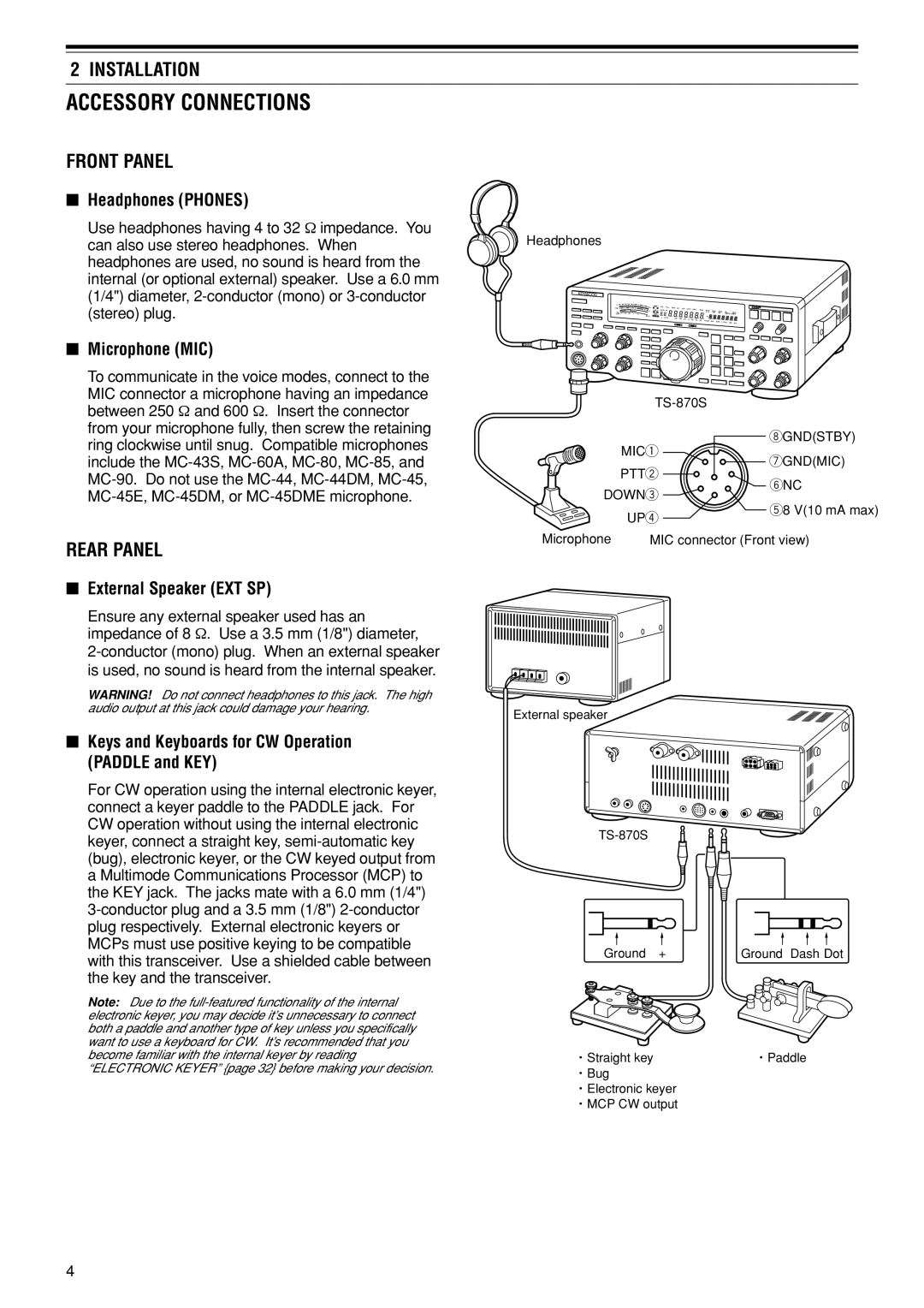 Kenwood TS-870S instruction manual Accessory Connections, Front Panel, Rear Panel 