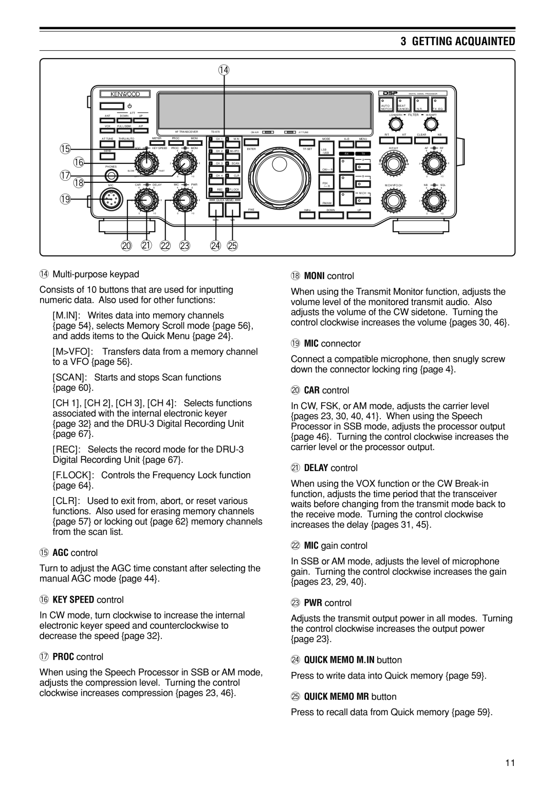 Kenwood TS-870S instruction manual 6KEY Speed control, @4QUICK Memo M.IN button, @5QUICK Memo MR button 