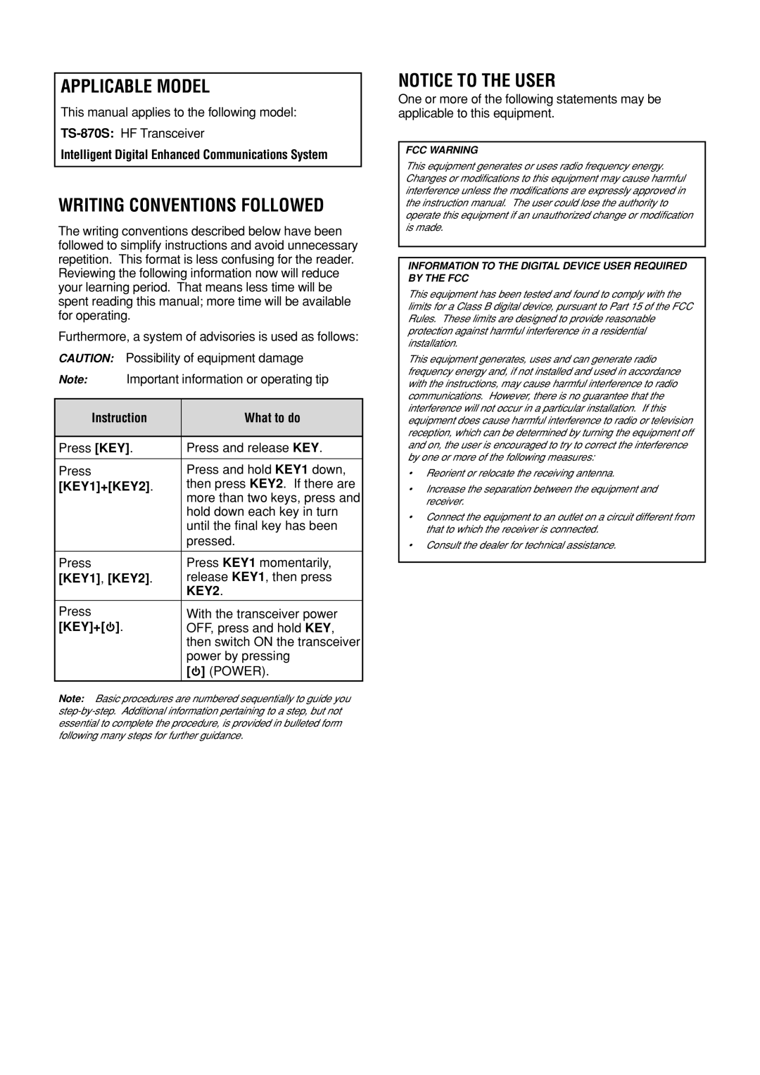 Kenwood TS-870S instruction manual Applicable Model, Writing Conventions Followed, KEY2 