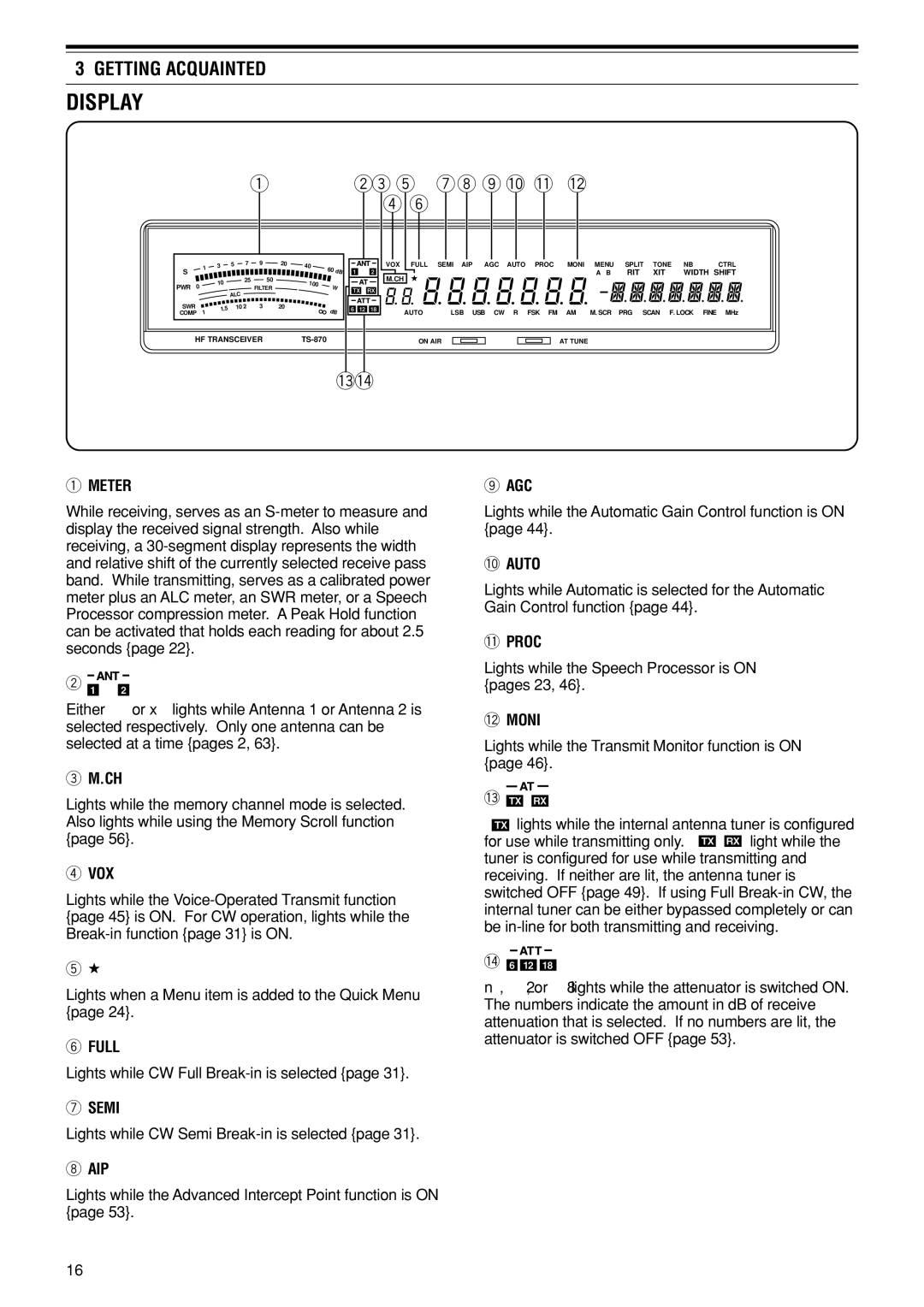 Kenwood TS-870S instruction manual Display, 0AUTO, 1PROC, 2MONI 