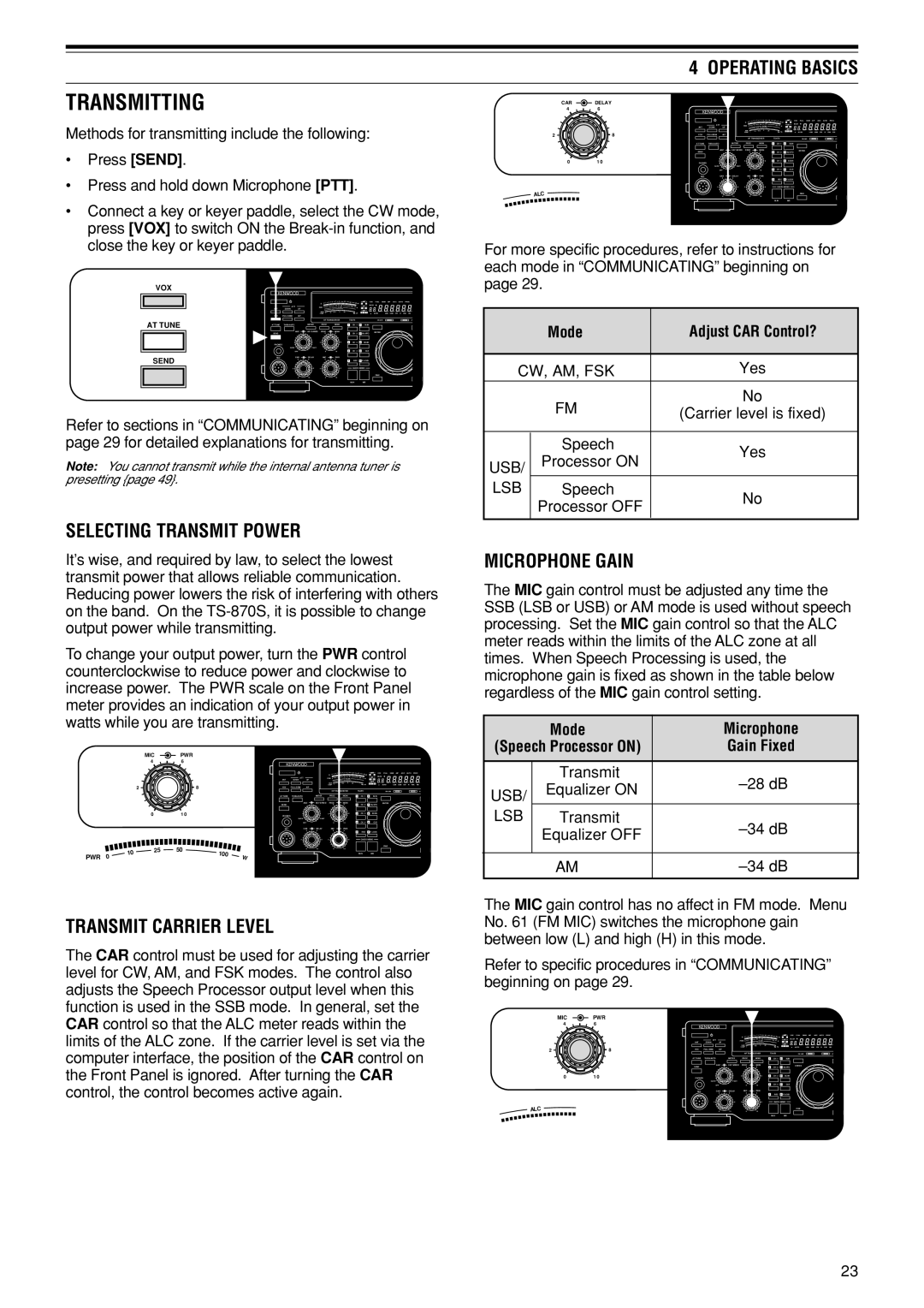 Kenwood TS-870S instruction manual Transmitting, Selecting Transmit Power, Transmit Carrier Level, Microphone Gain 