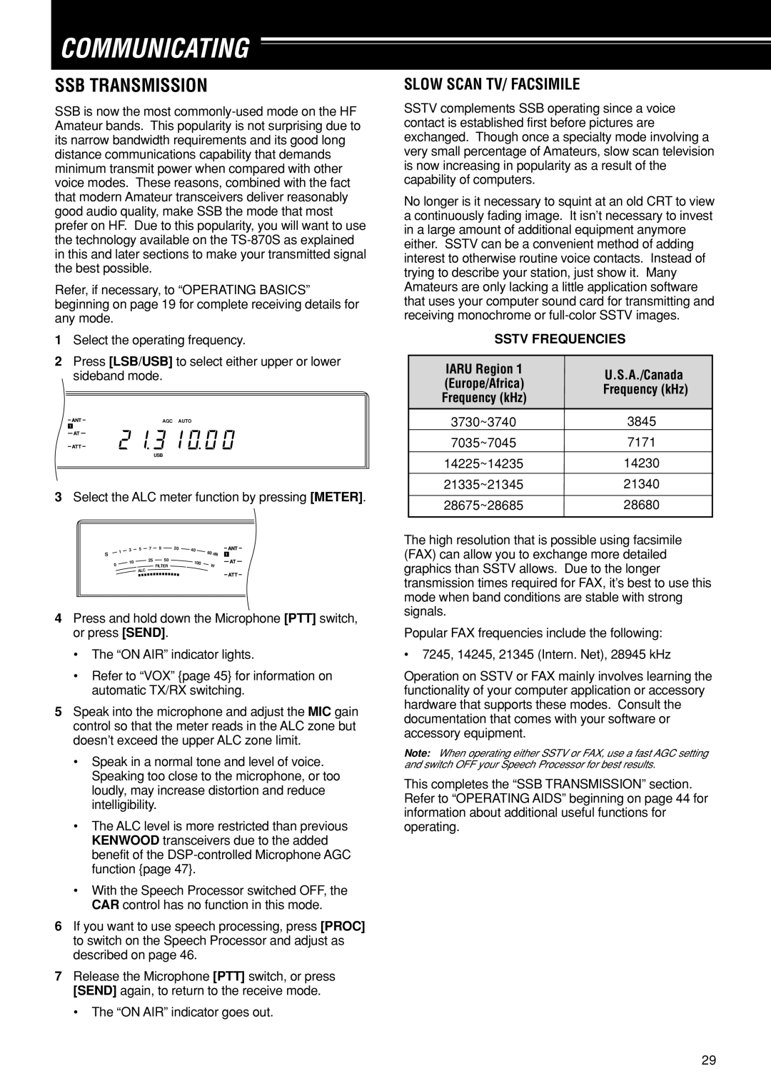 Kenwood TS-870S instruction manual Communicating, SSB Transmission, Slow Scan TV/ Facsimile, Sstv Frequencies 