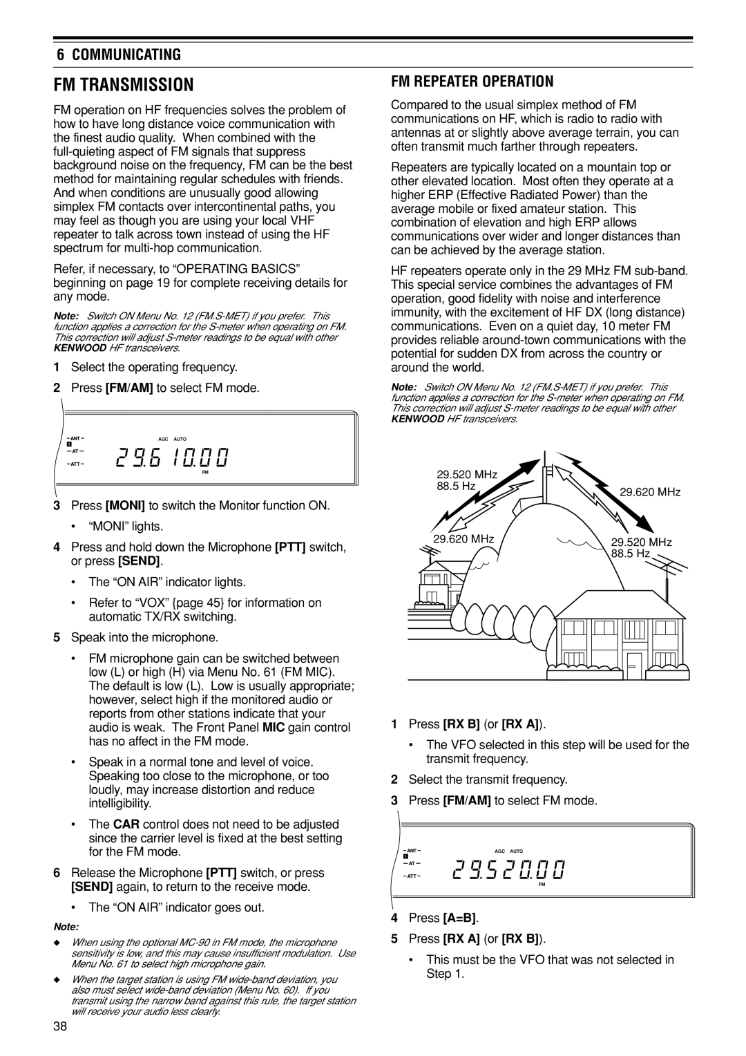 Kenwood TS-870S instruction manual FM Transmission, FM Repeater Operation, Press RX B or RX a, Press RX a or RX B 