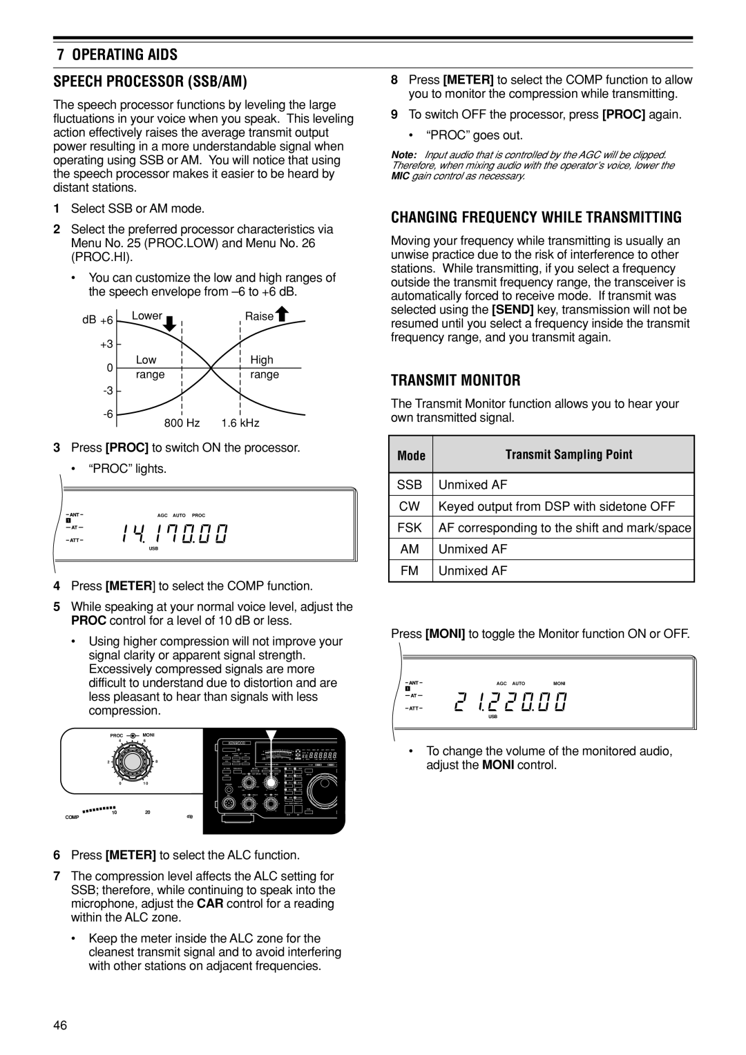 Kenwood TS-870S Operating Aids Speech Processor SSB/AM, Changing Frequency While Transmitting, Transmit Monitor 