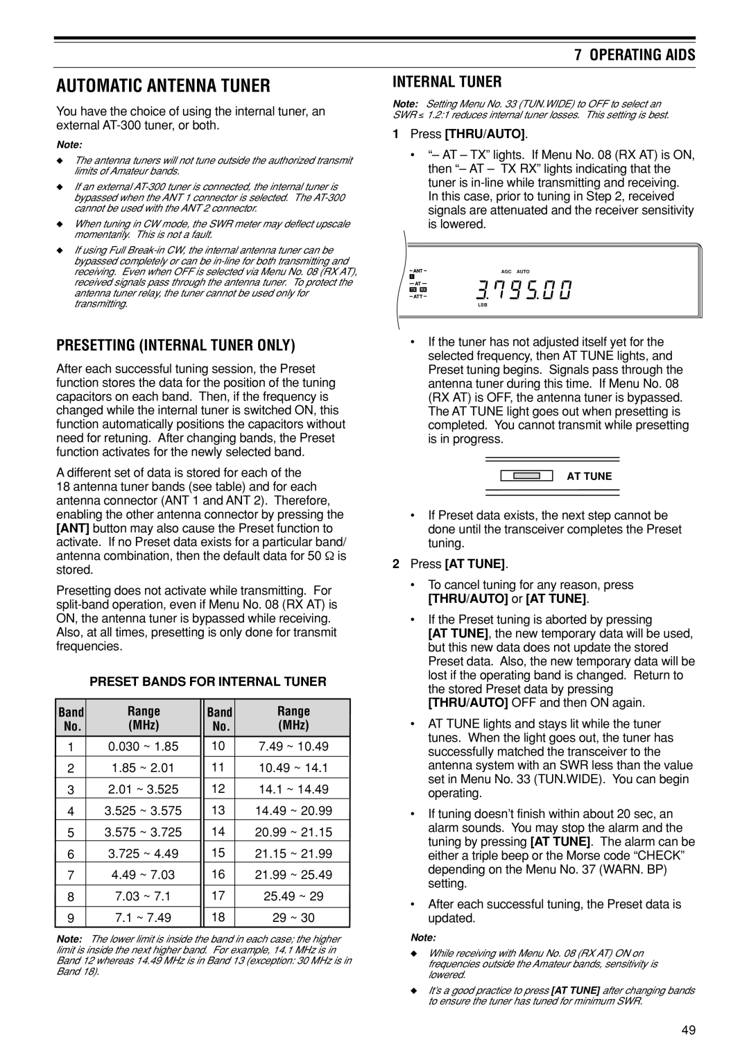 Kenwood TS-870S instruction manual Automatic Antenna Tuner, Presetting Internal Tuner only, Preset Bands for Internal Tuner 