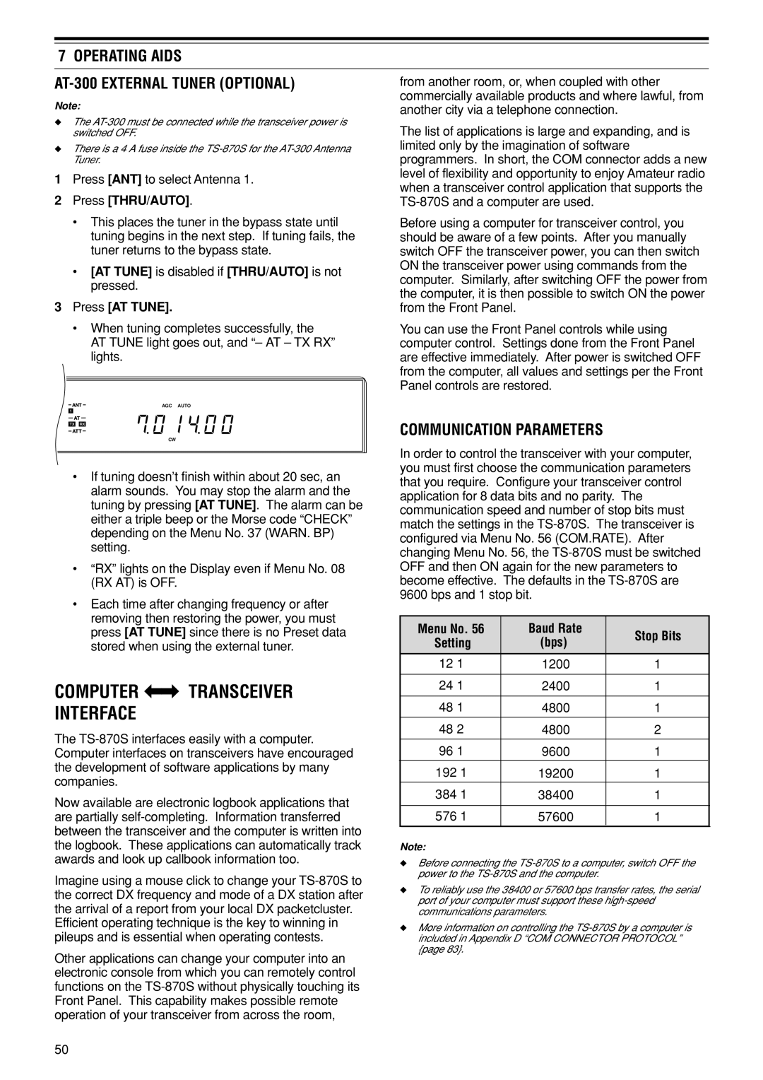 Kenwood TS-870S Operating Aids AT-300 External Tuner Optional, Communication Parameters, Menu No Baud Rate Stop Bits 