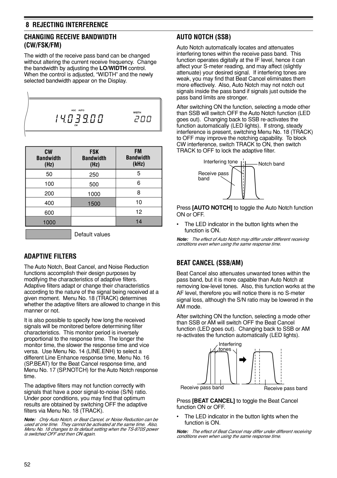 Kenwood TS-870S Rejecting Interference, Auto Notch SSB CW/FSK/FM, Adaptive Filters, Beat Cancel SSB/AM, KHz 