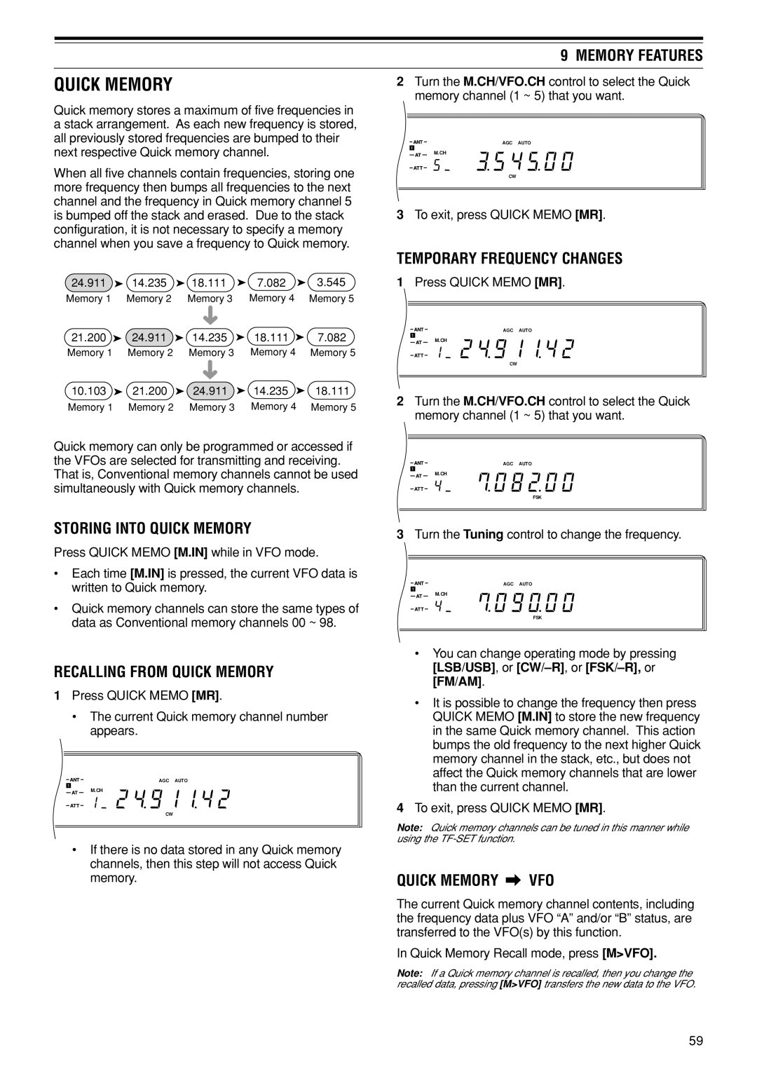 Kenwood TS-870S instruction manual Storing Into Quick Memory, Recalling from Quick Memory, Temporary Frequency Changes 