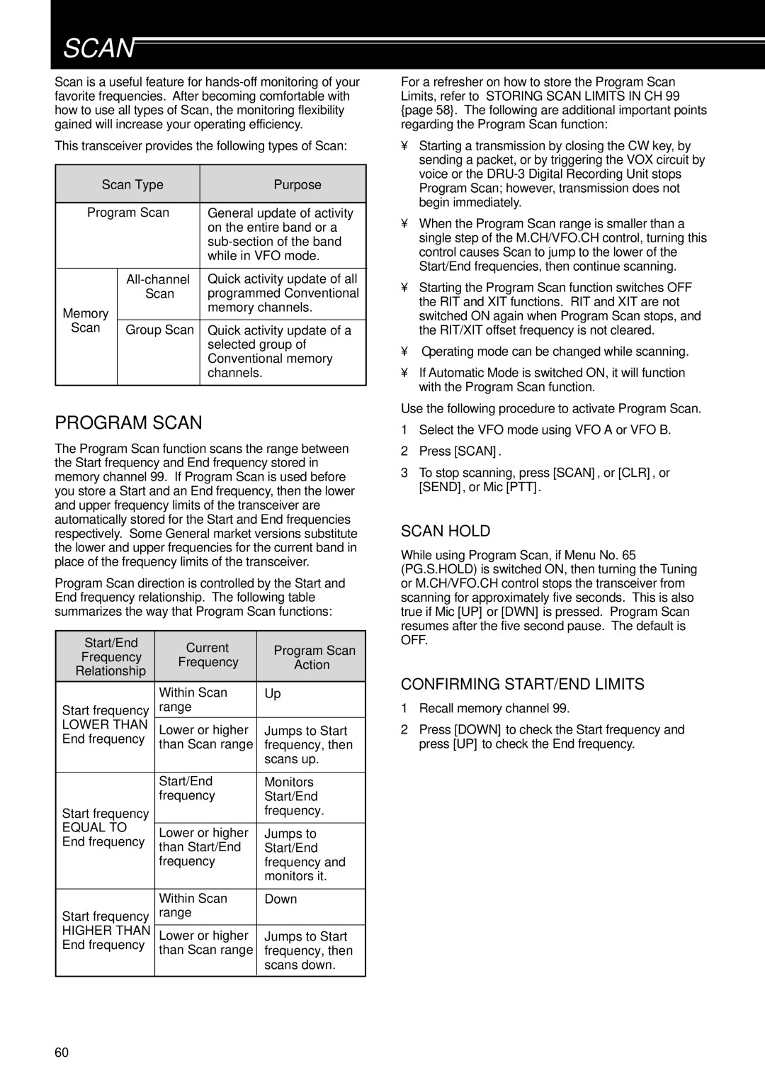 Kenwood TS-870S instruction manual Program Scan, Scan Hold, Confirming START/END Limits 