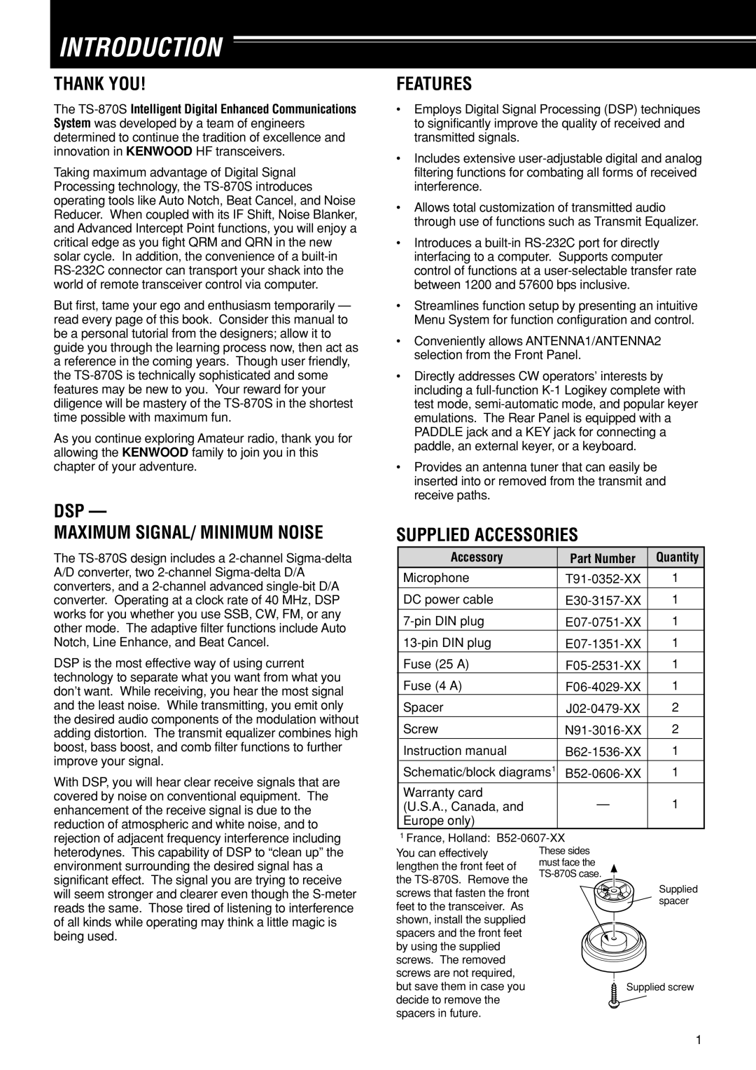 Kenwood TS-870S Introduction, Thank YOU, DSP Maximum SIGNAL/ Minimum Noise, Features, Supplied Accessories 