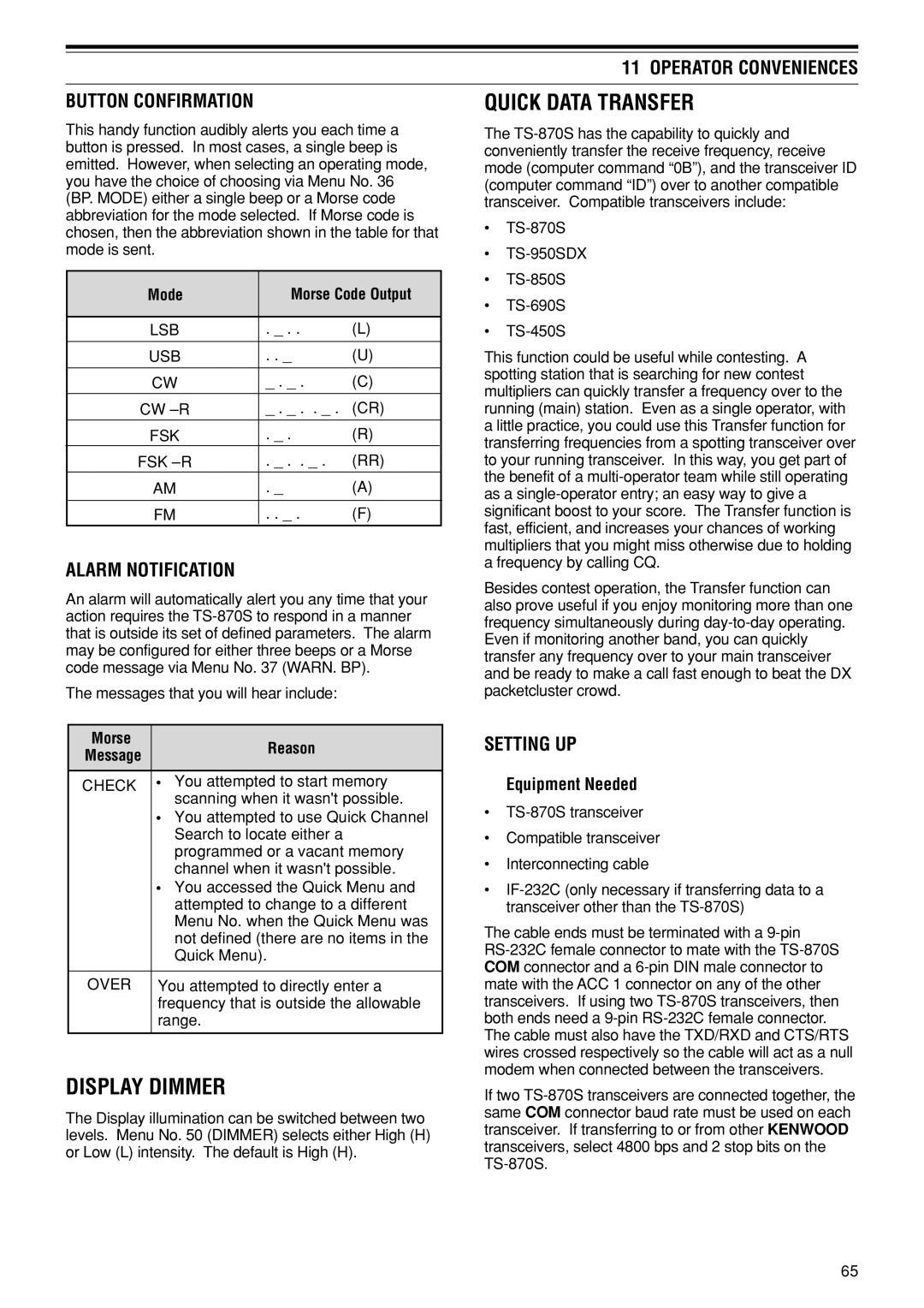 Kenwood TS-870S Display Dimmer, Quick Data Transfer, Operator Conveniences Button Confirmation, Alarm Notification 