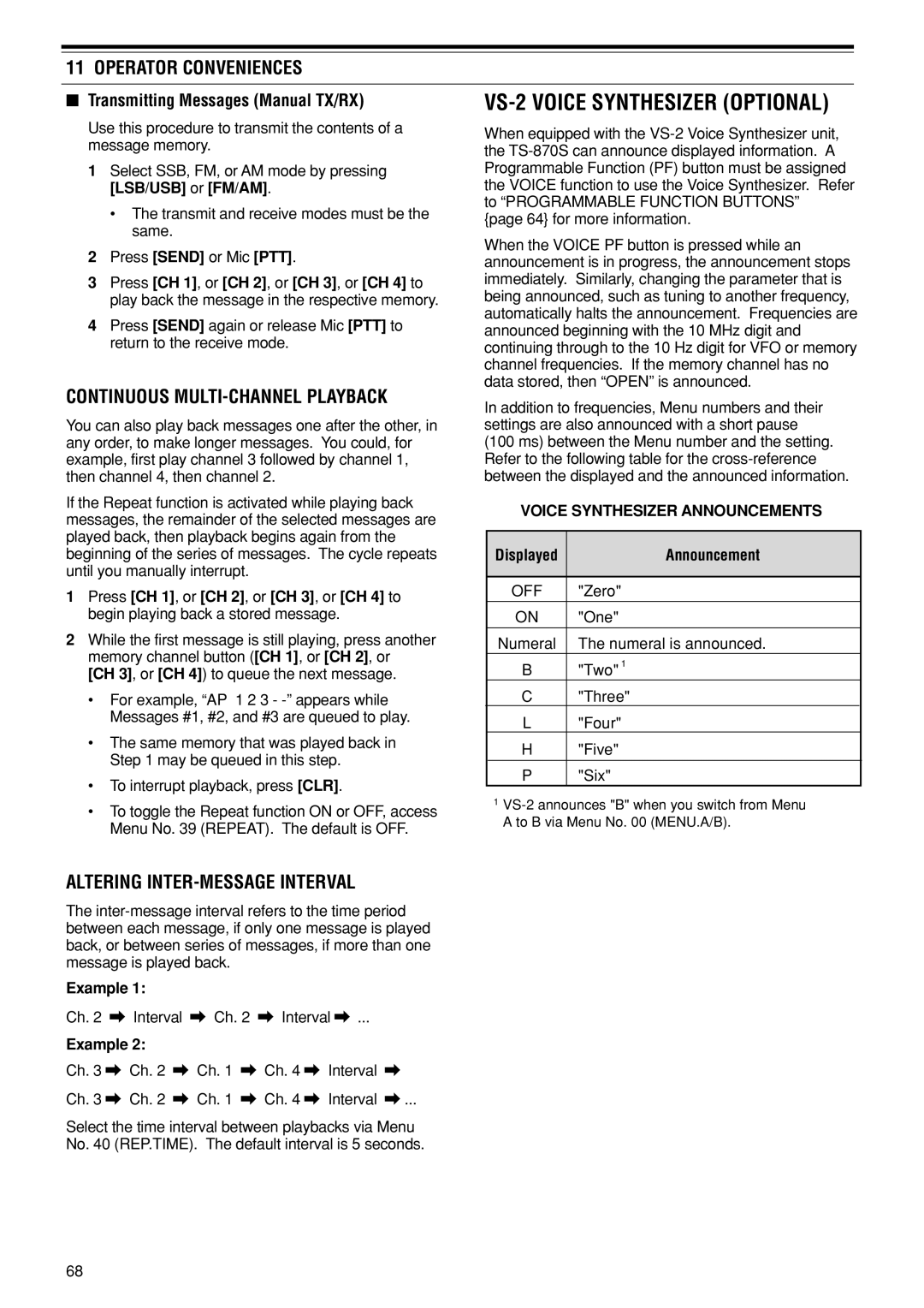 Kenwood TS-870S VS-2 Voice Synthesizer Optional, Continuous MULTI-CHANNEL Playback, Altering INTER-MESSAGE Interval 