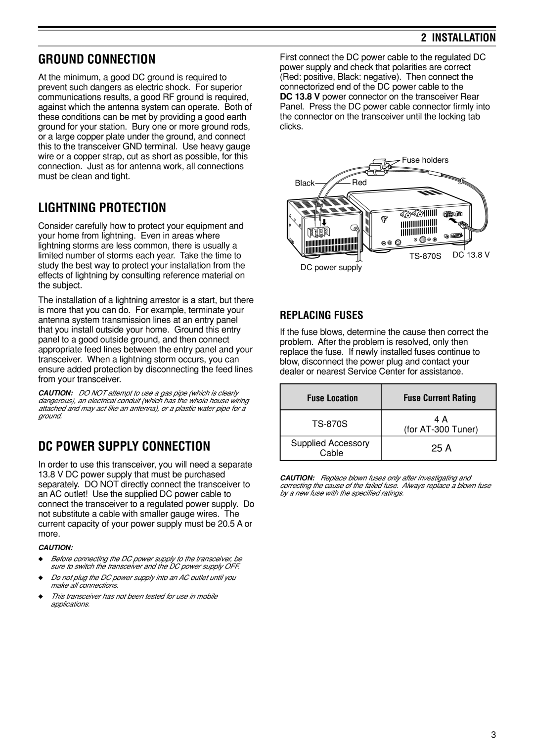 Kenwood TS-870S Ground Connection, Lightning Protection, DC Power Supply Connection, Installation, Replacing Fuses 