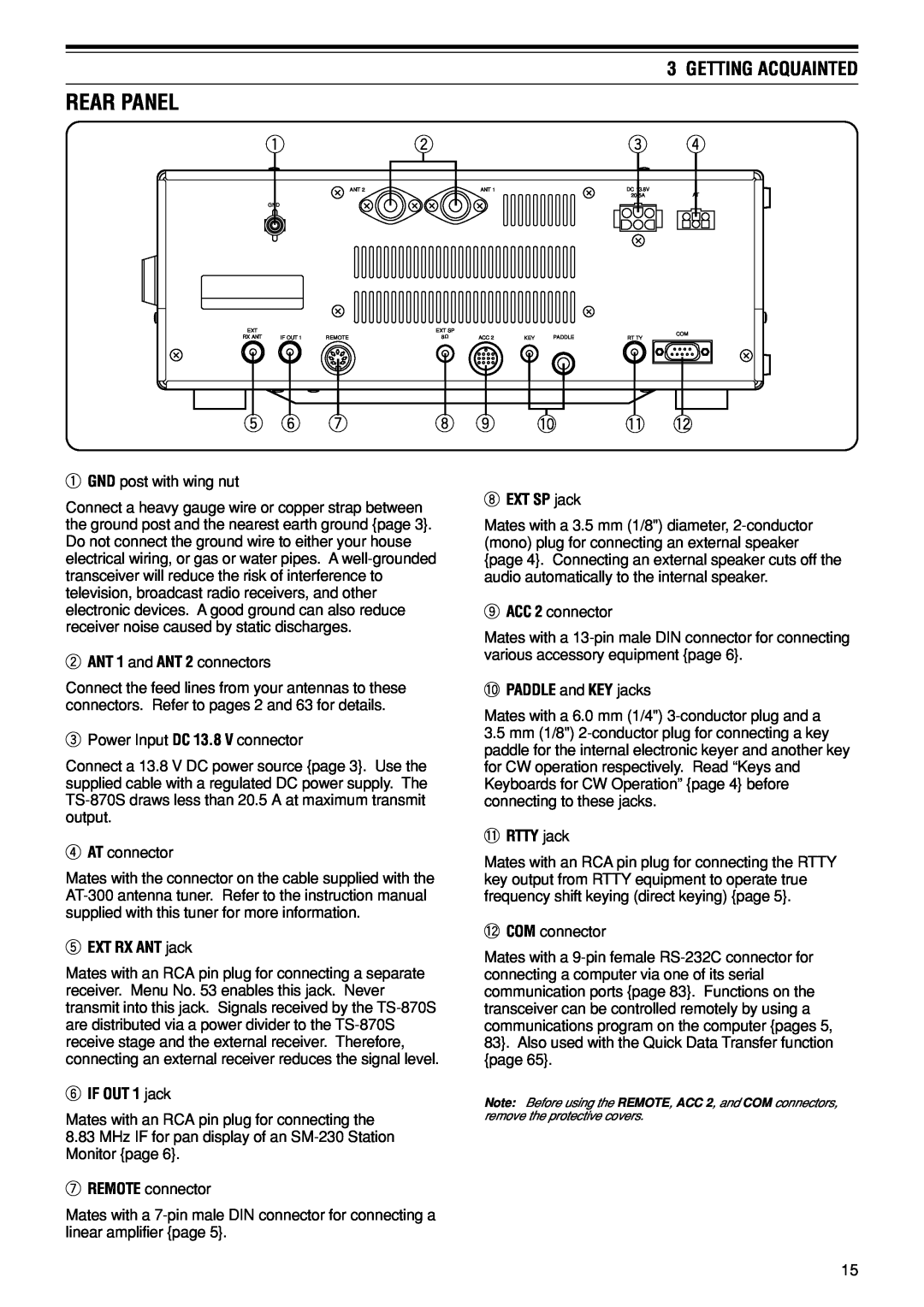 Kenwood TS-870S instruction manual Rear Panel, t y u, i o !0, 1 !2, Getting Acquainted 