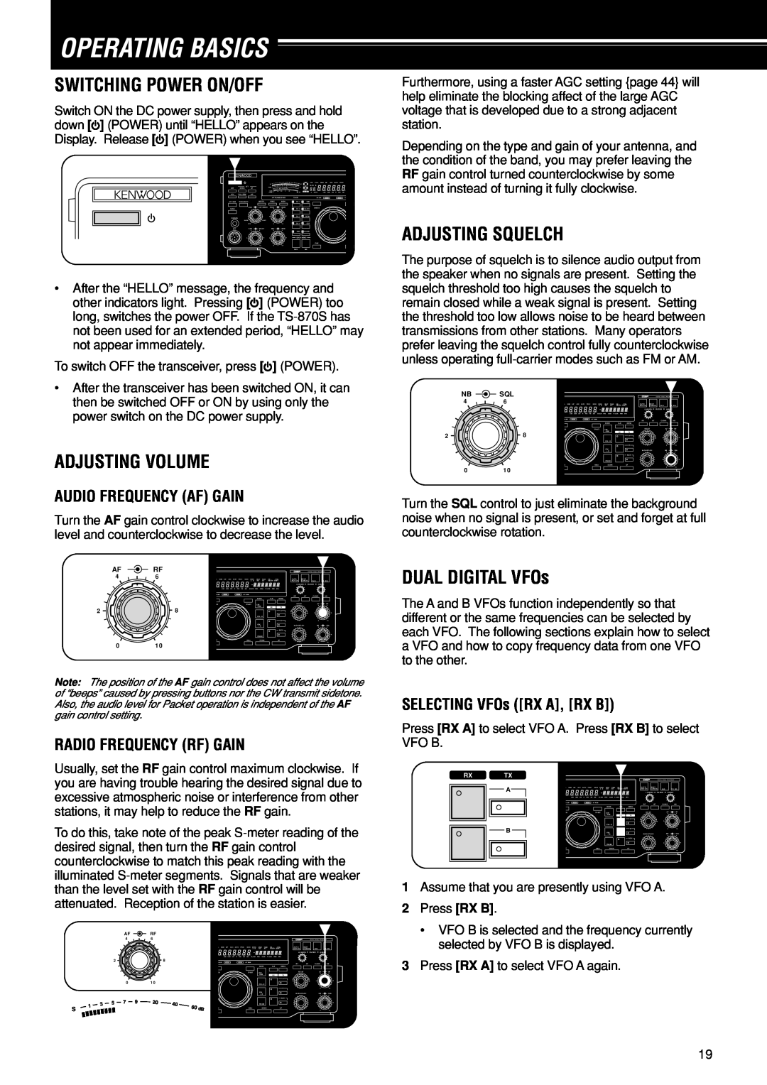 Kenwood TS-870S Operating Basics, Switching Power On/Off, Adjusting Volume, Adjusting Squelch, DUAL DIGITAL VFOs 