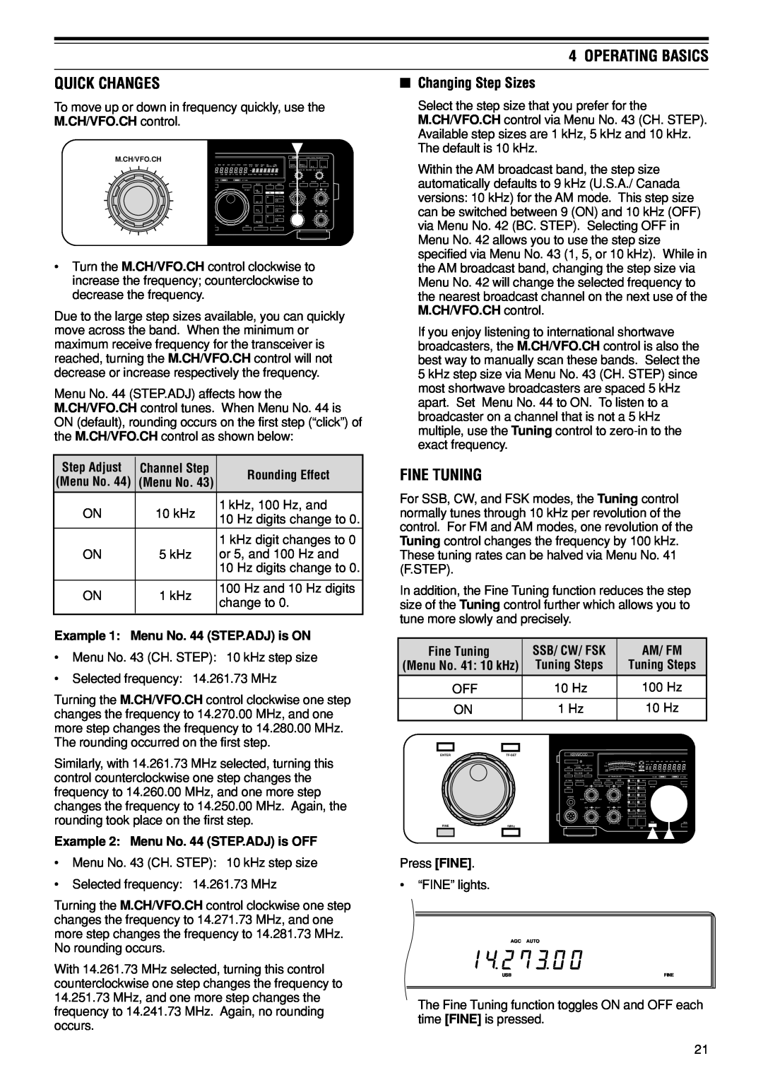 Kenwood TS-870S Quick Changes, Fine Tuning, Changing Step Sizes, Operating Basics, Am/ Fm, 10 Hz, 100 Hz, 1 Hz 