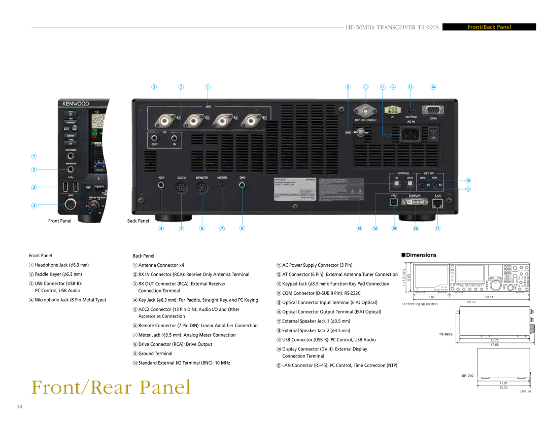 Kenwood TS-990S manual Front/Rear Panel, Front/Back Panel 