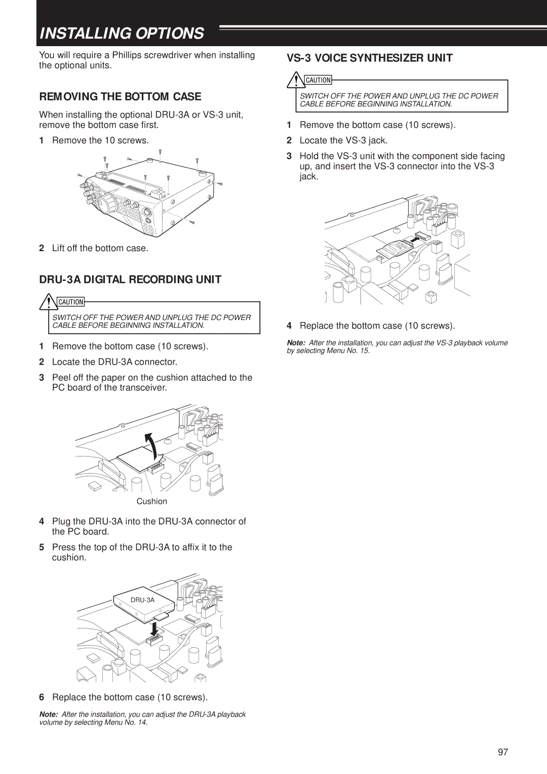 Kenwood TS-2000X Installing Options, Removing the Bottom Case, DRU-3A Digital Recording Unit, VS-3 Voice Synthesizer Unit 